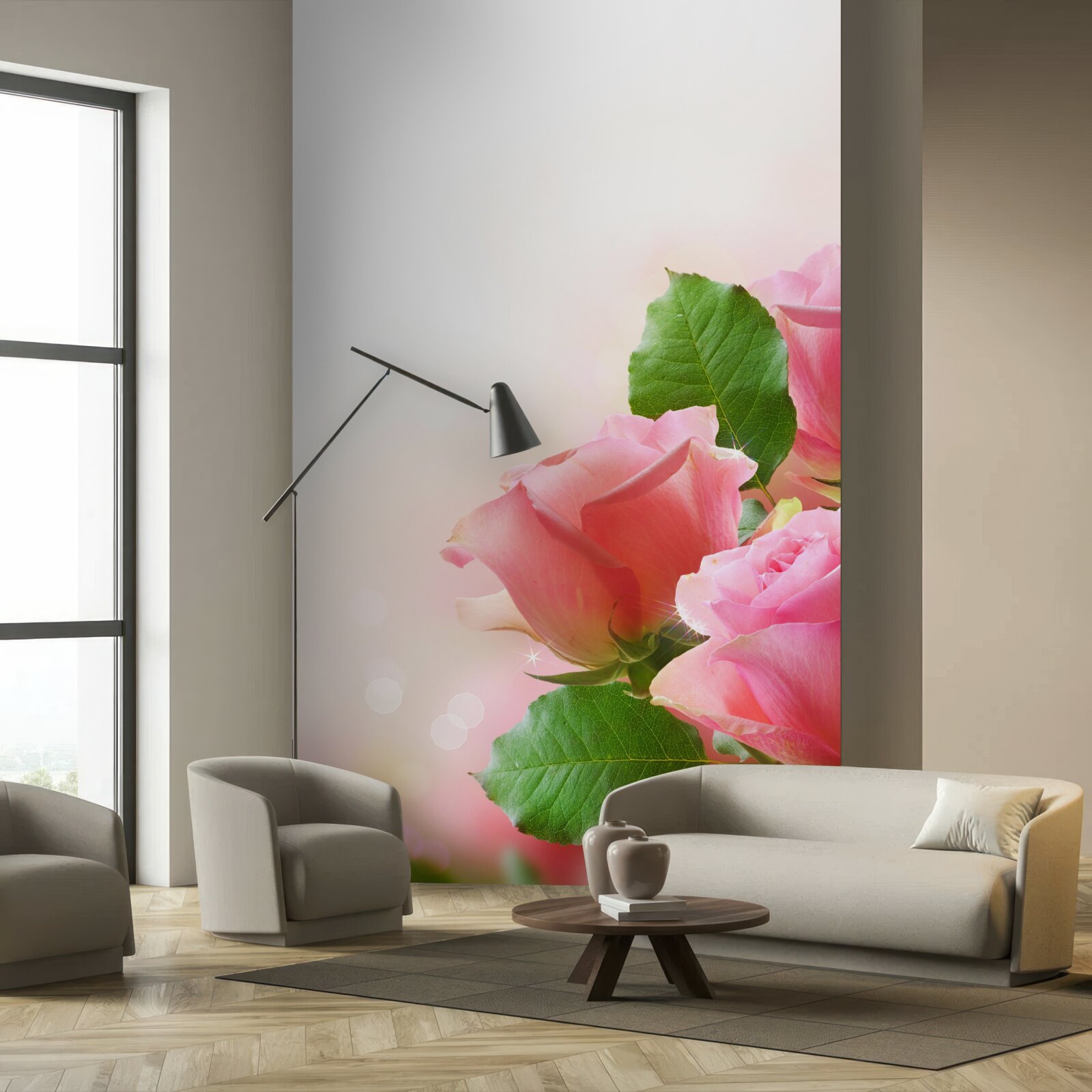 Fototapeta mäkké karmínové ruže so zelenými listami