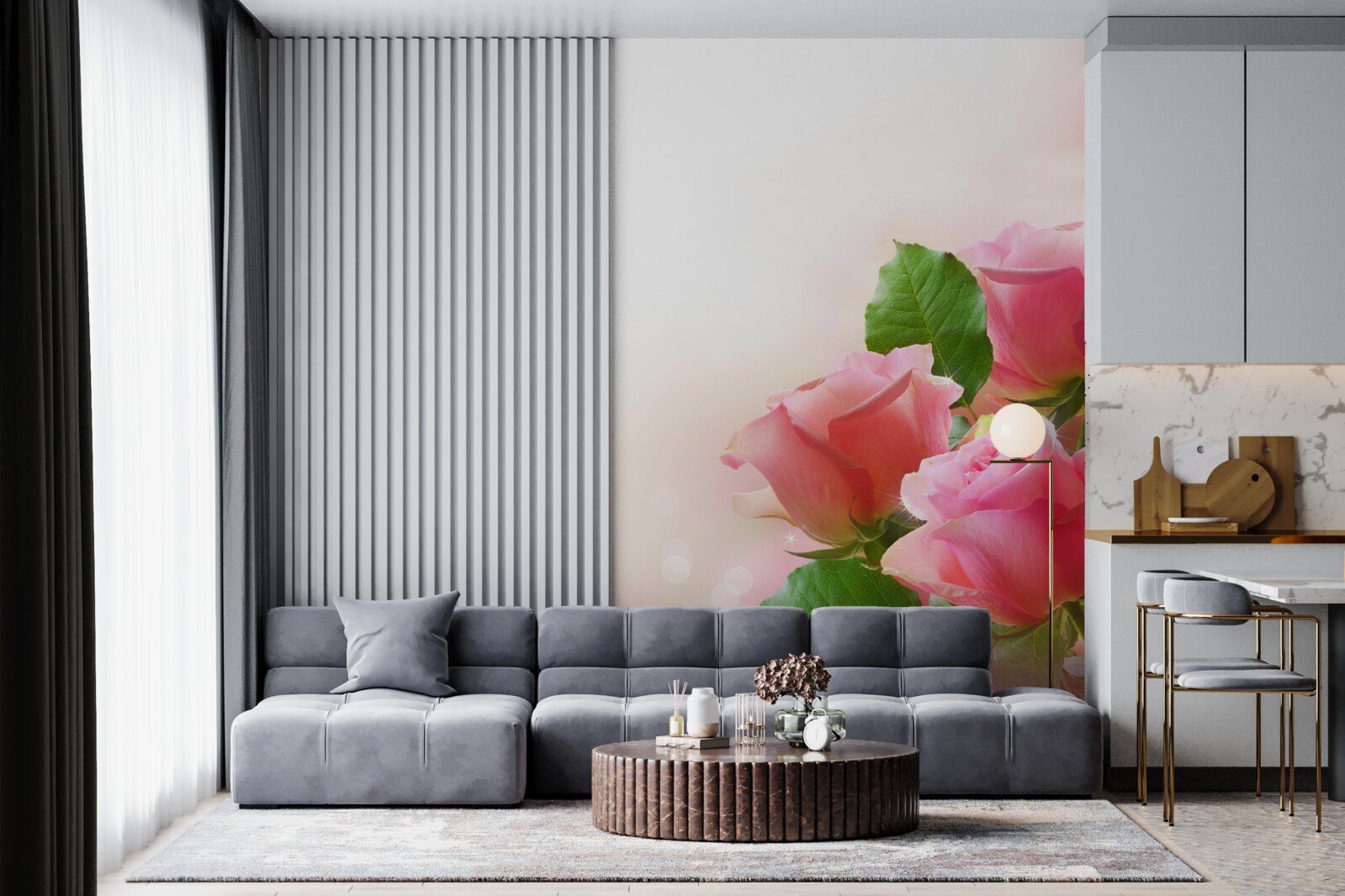 Fototapeta mäkké karmínové ruže so zelenými listami