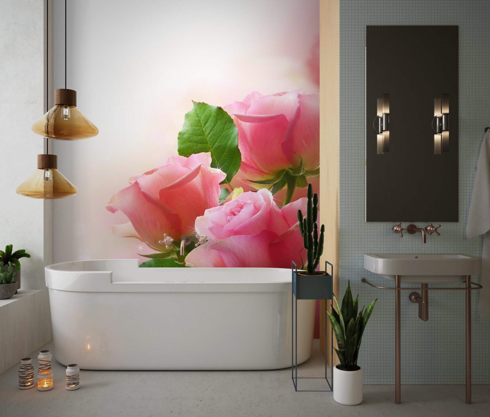 Fototapeta mäkké karmínové ruže so zelenými listami