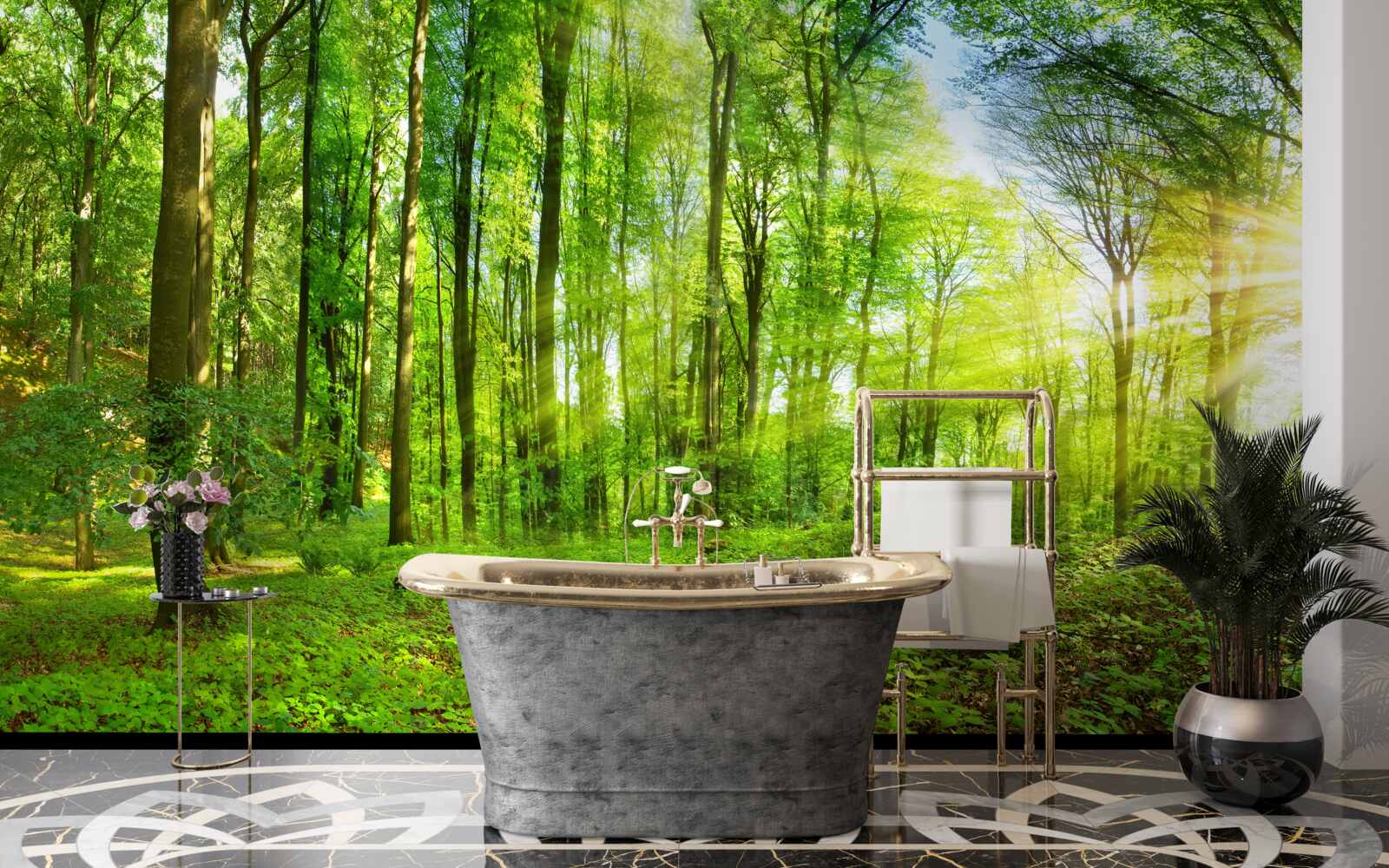 Fototapeta Svitanie v lese, kde vládnu zelené listy