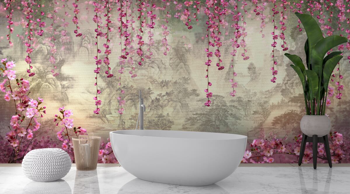 Fototapeta ružové kvety padajúce do vody zhora nadol