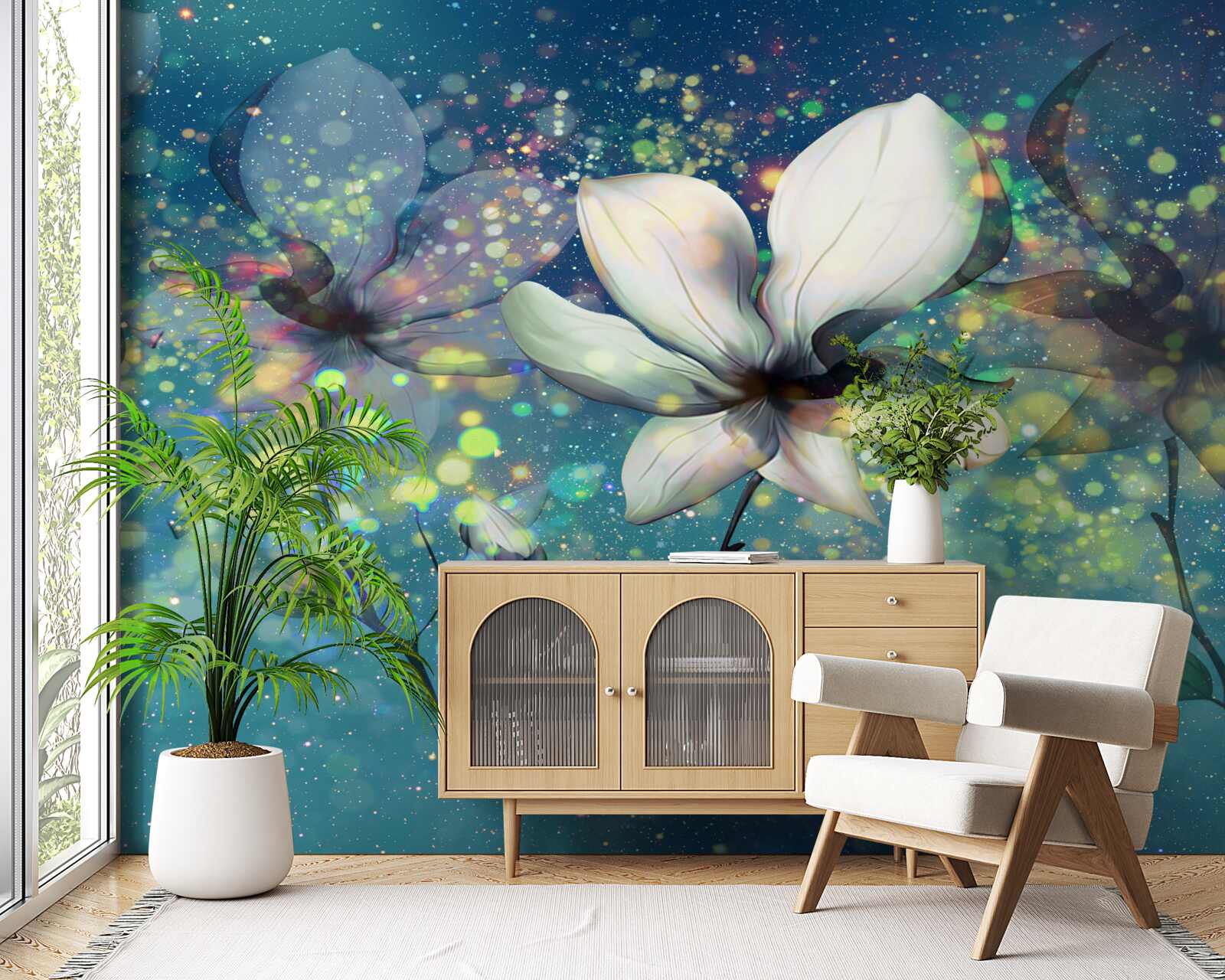 Fototapeta biely kvet v noci posiatej hviezdami