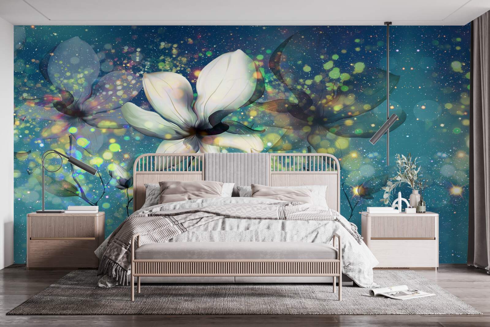 Fototapeta biely kvet v noci posiatej hviezdami