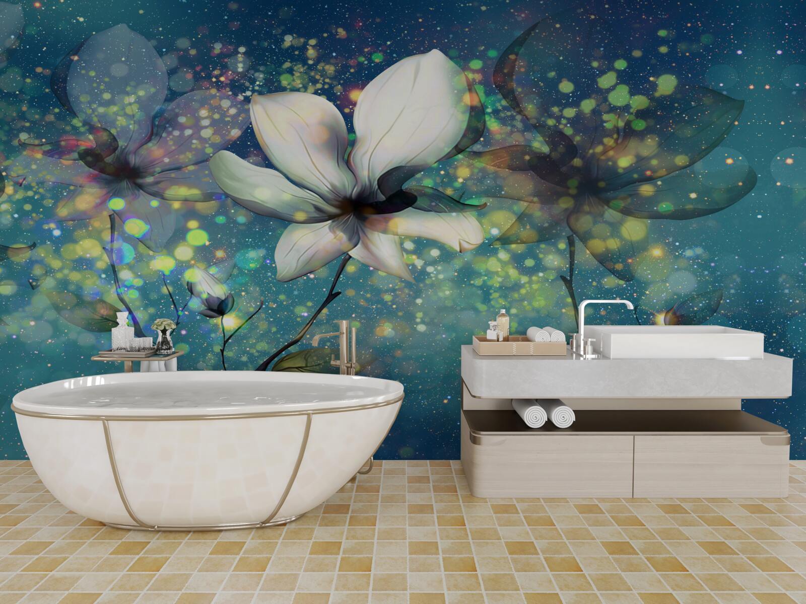 Fototapeta biely kvet v noci posiatej hviezdami