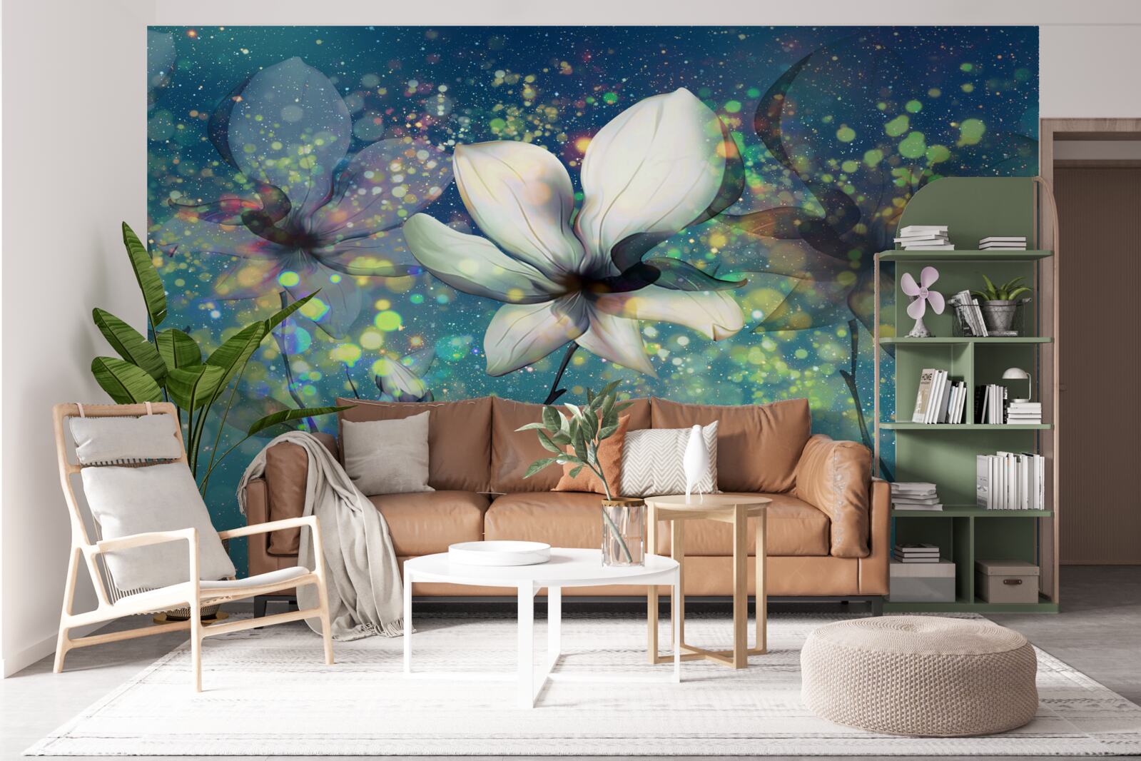 Fototapeta biely kvet v noci posiatej hviezdami