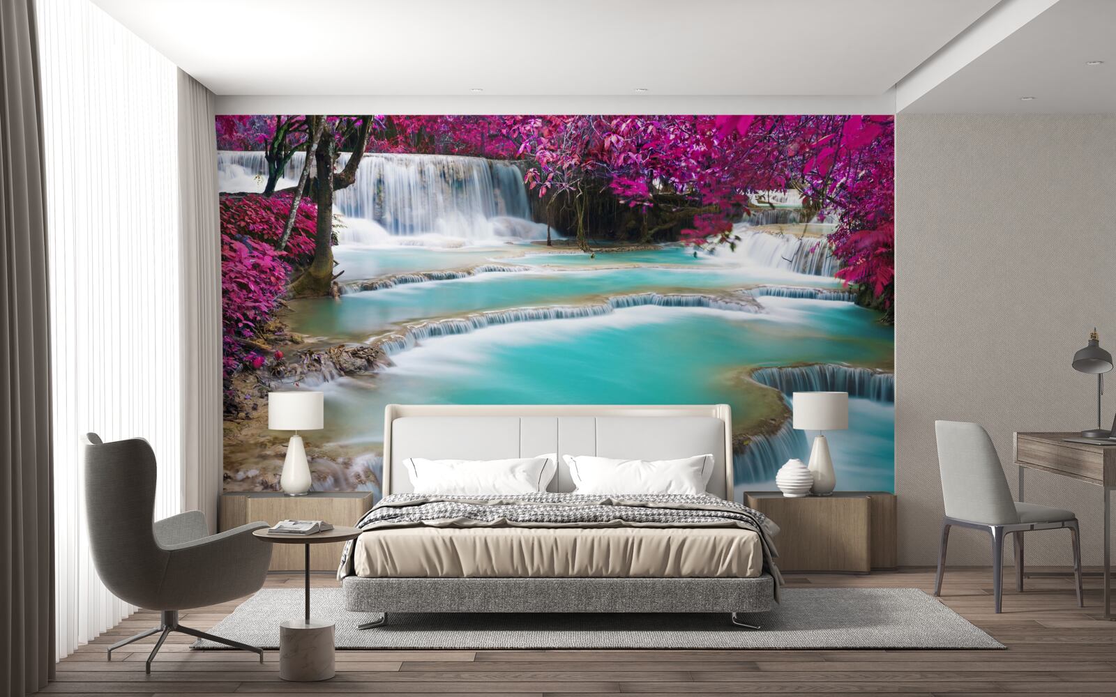 Fototapeta stromy pokryté fialovými kvetmi v blízkosti základne vodopádu