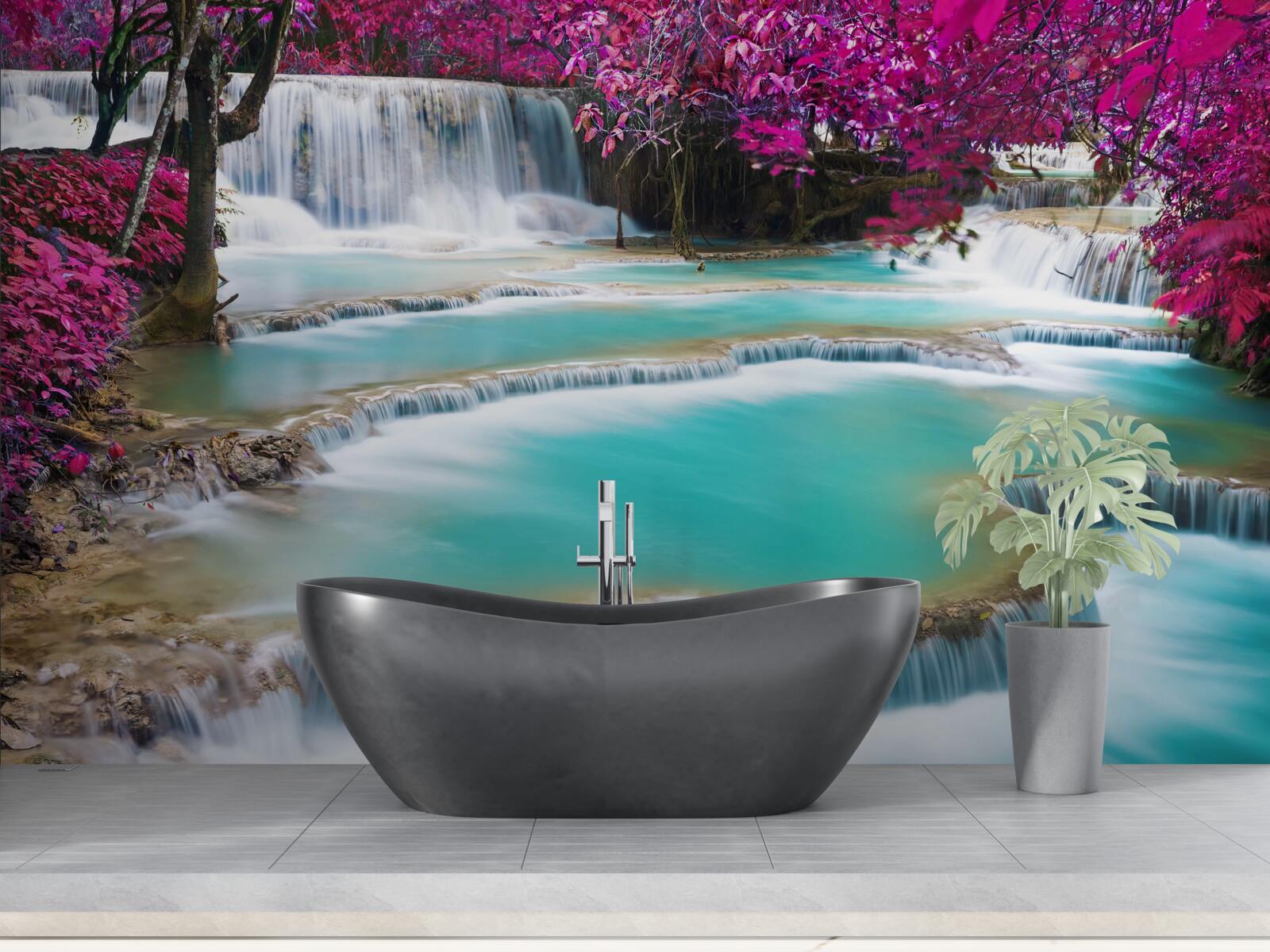 Fototapeta stromy pokryté fialovými kvetmi v blízkosti základne vodopádu