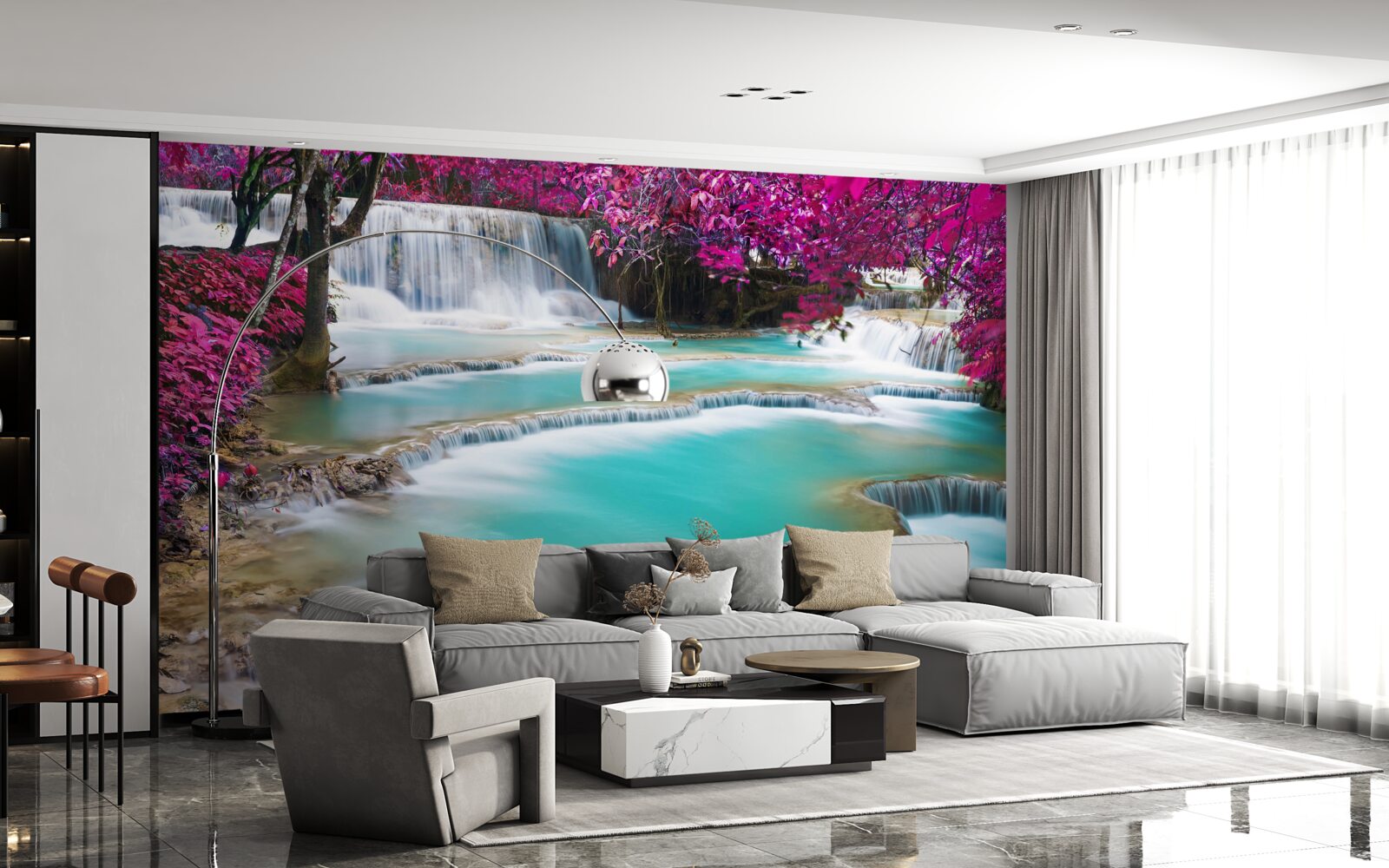 Fototapeta stromy pokryté fialovými kvetmi v blízkosti základne vodopádu