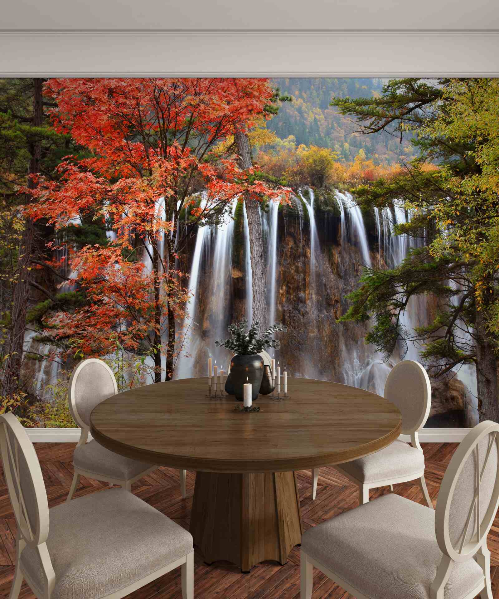 Fototapeta les v blízkosti silného vodopádu na jeseň