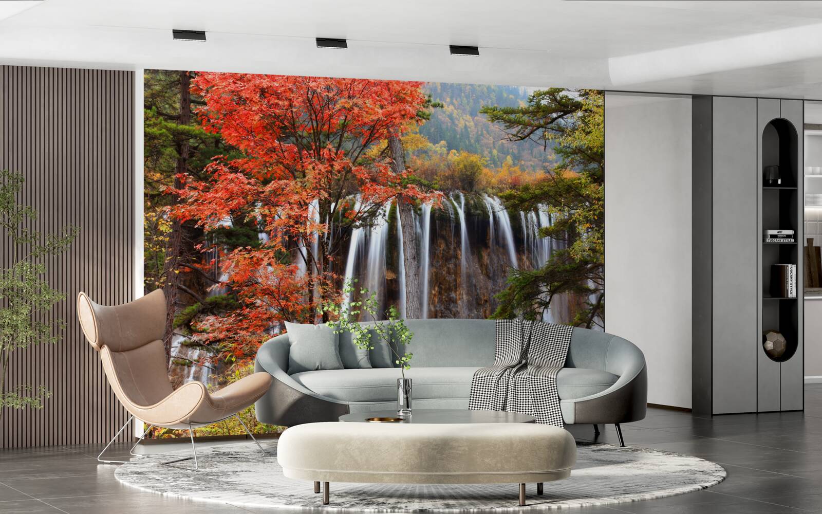 Fototapeta les v blízkosti silného vodopádu na jeseň