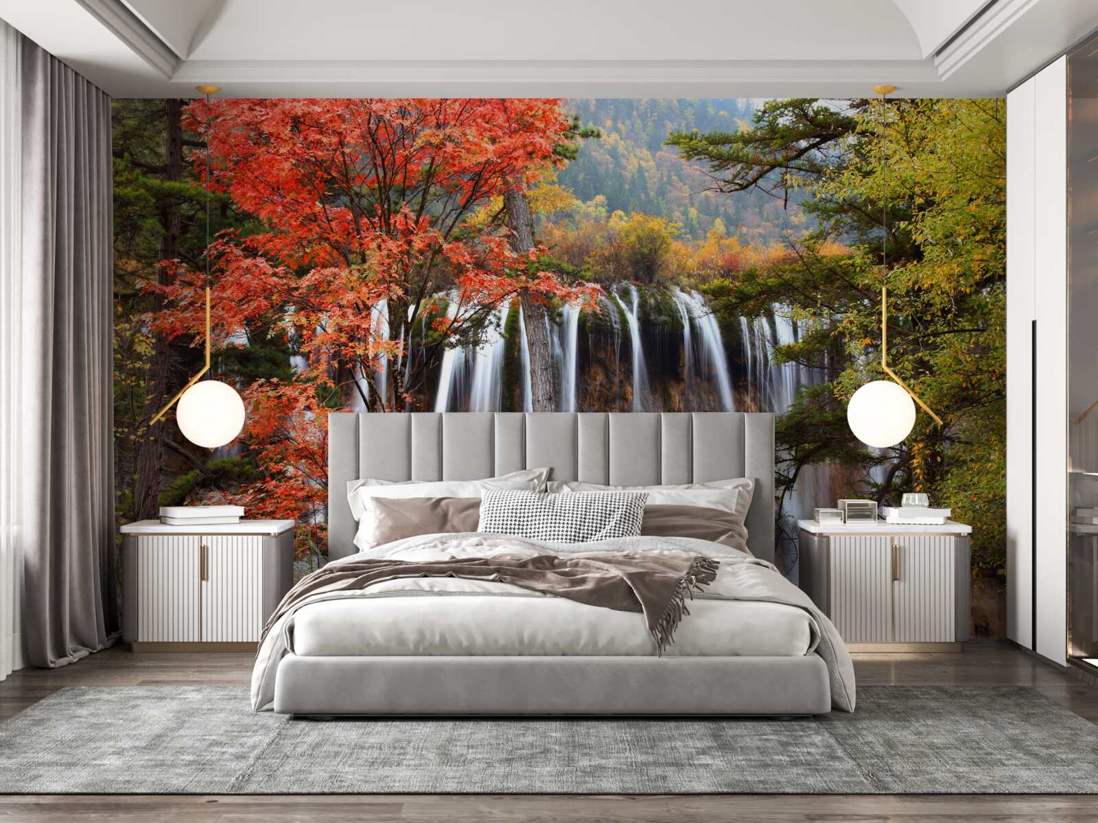 Fototapeta les v blízkosti silného vodopádu na jeseň