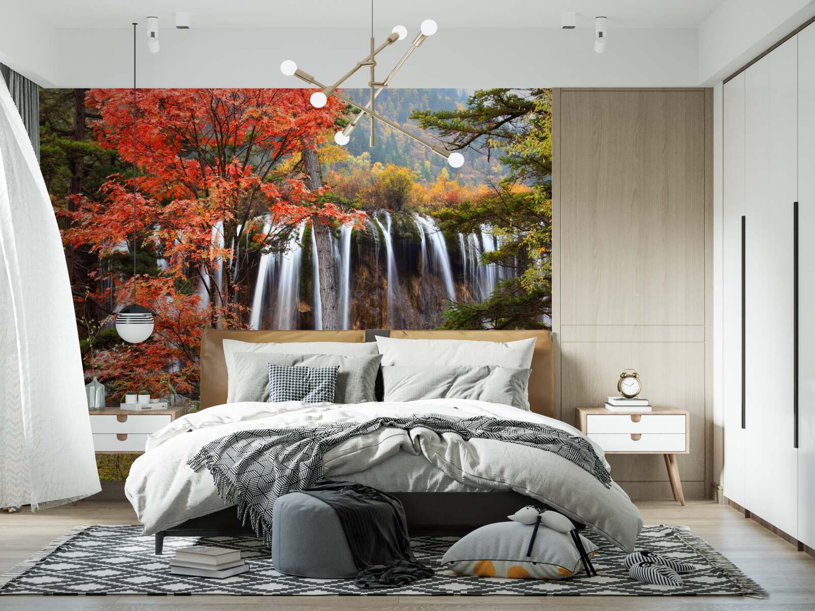 Fototapeta les v blízkosti silného vodopádu na jeseň