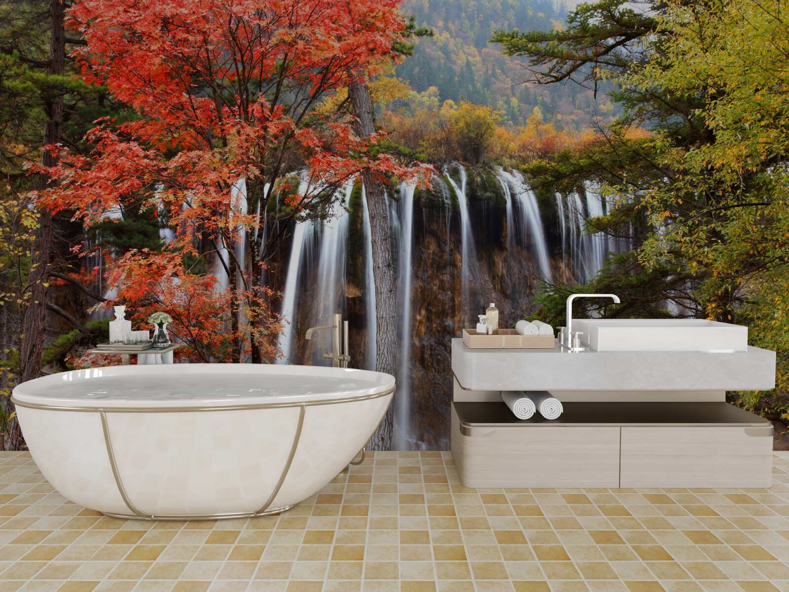 Fototapeta les v blízkosti silného vodopádu na jeseň