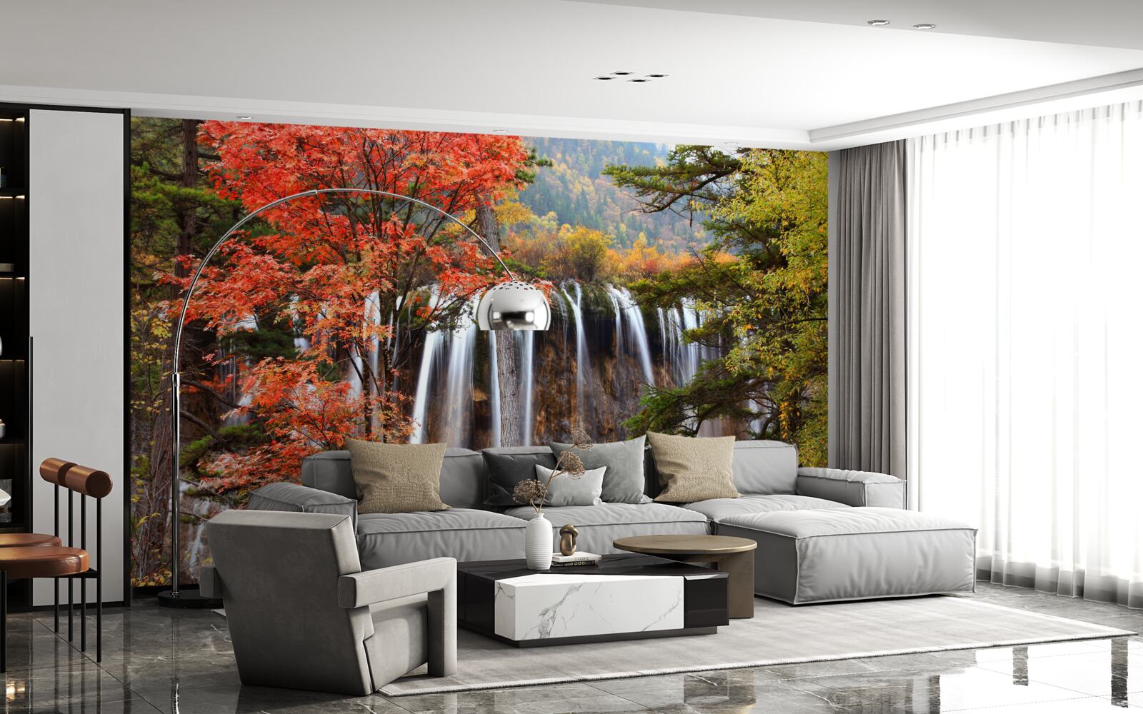 Fototapeta les v blízkosti silného vodopádu na jeseň