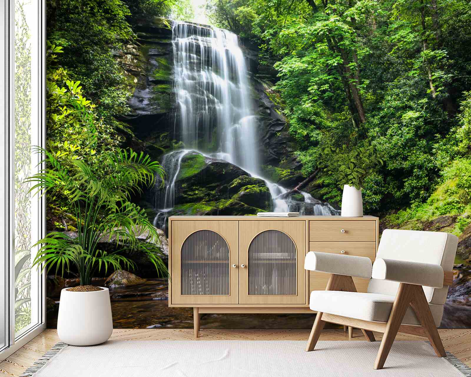 Fototapeta vody horského vodopádu rýchlo padajú v lese