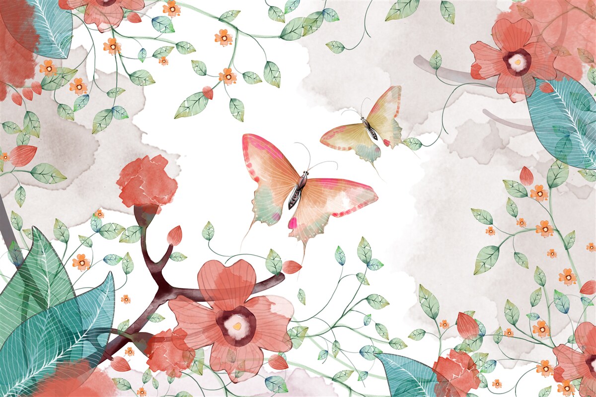 Fototapeta kvety a motýle maľované akvarelom
