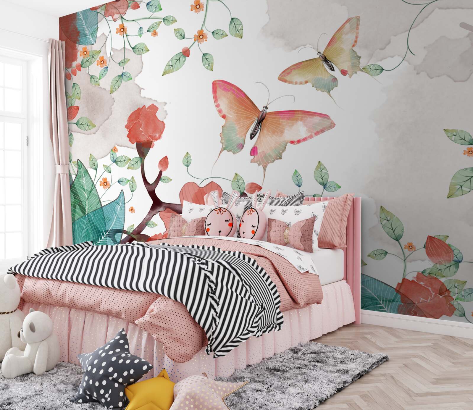 Fototapeta kvety a motýle maľované akvarelom