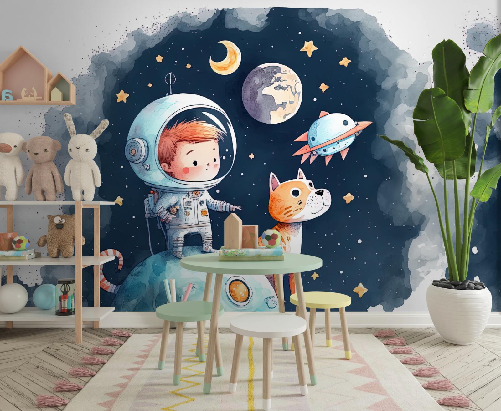 Fototapeta chlapec so psom vo vesmíre