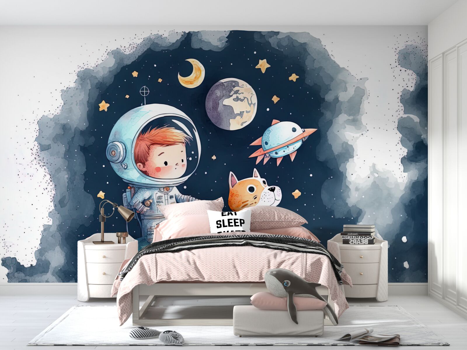 Fototapeta chlapec so psom vo vesmíre