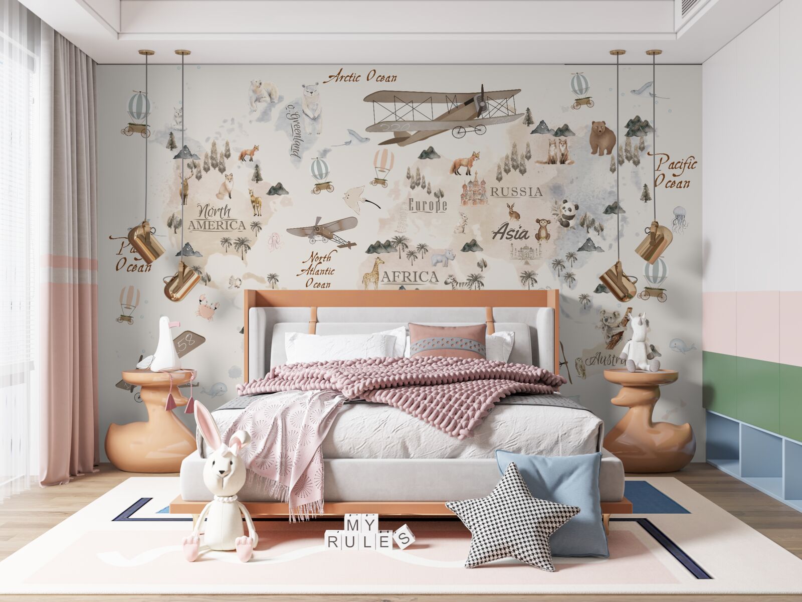 Fototapeta mapa sveta s obrázkami rôznych zvierat a dopravných prostriedkov