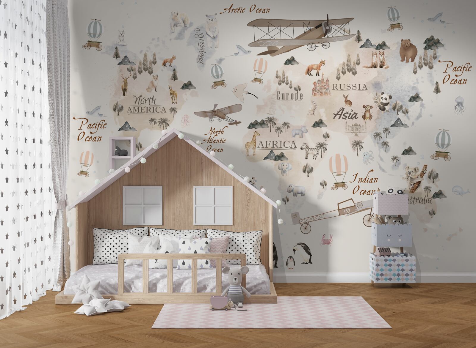 Fototapeta mapa sveta s obrázkami rôznych zvierat a dopravných prostriedkov