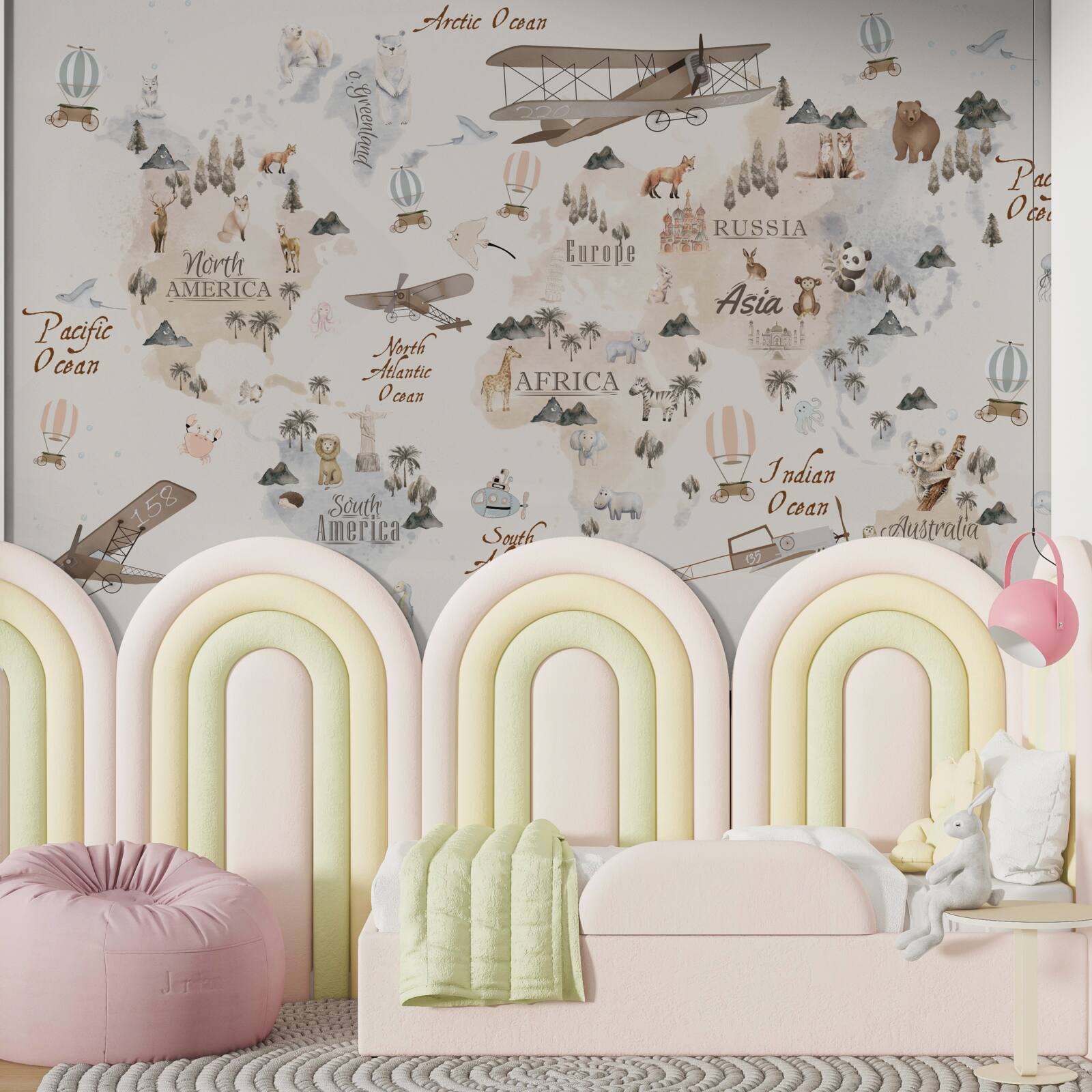 Fototapeta mapa sveta s obrázkami rôznych zvierat a dopravných prostriedkov