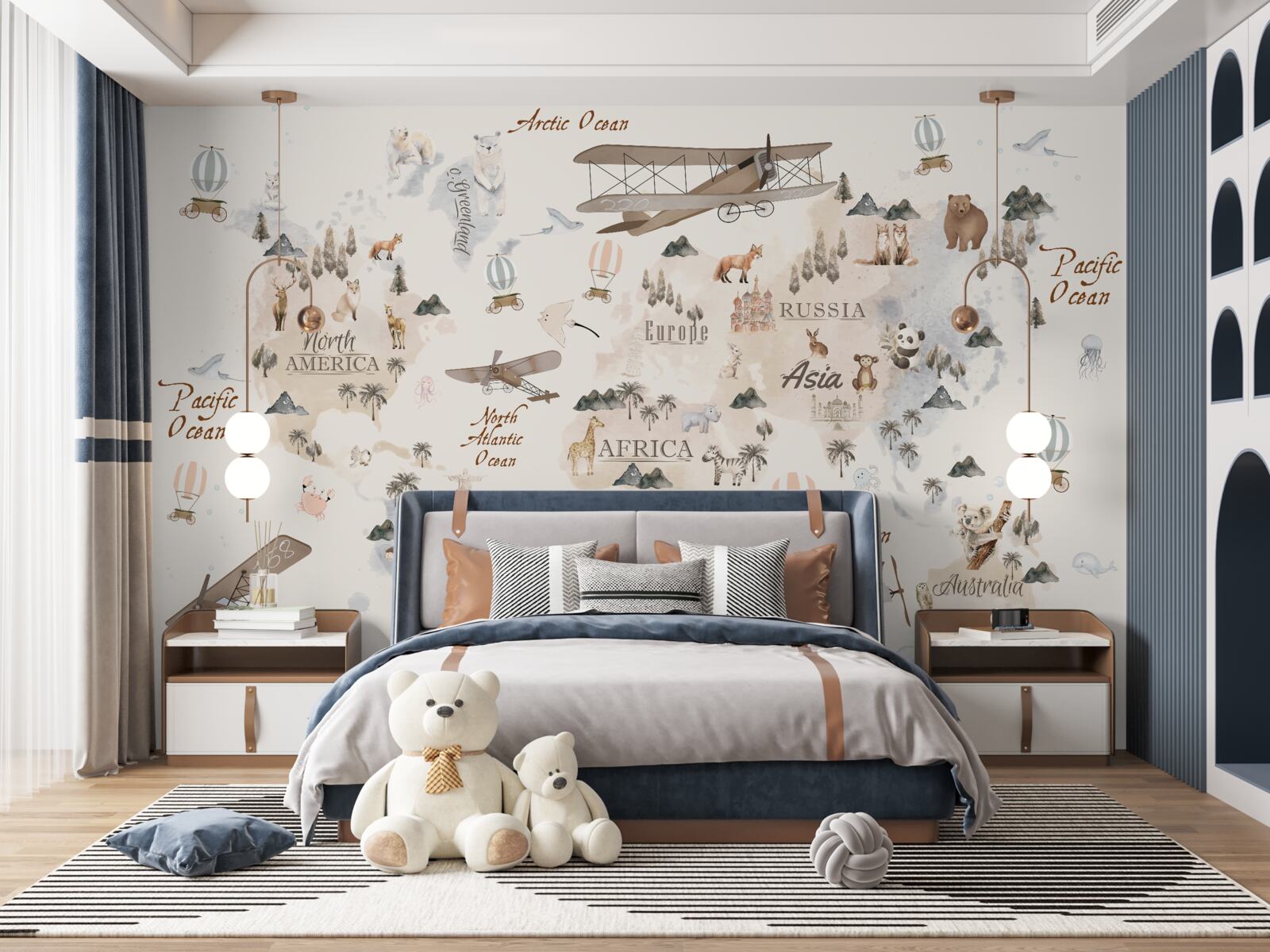 Fototapeta mapa sveta s obrázkami rôznych zvierat a dopravných prostriedkov