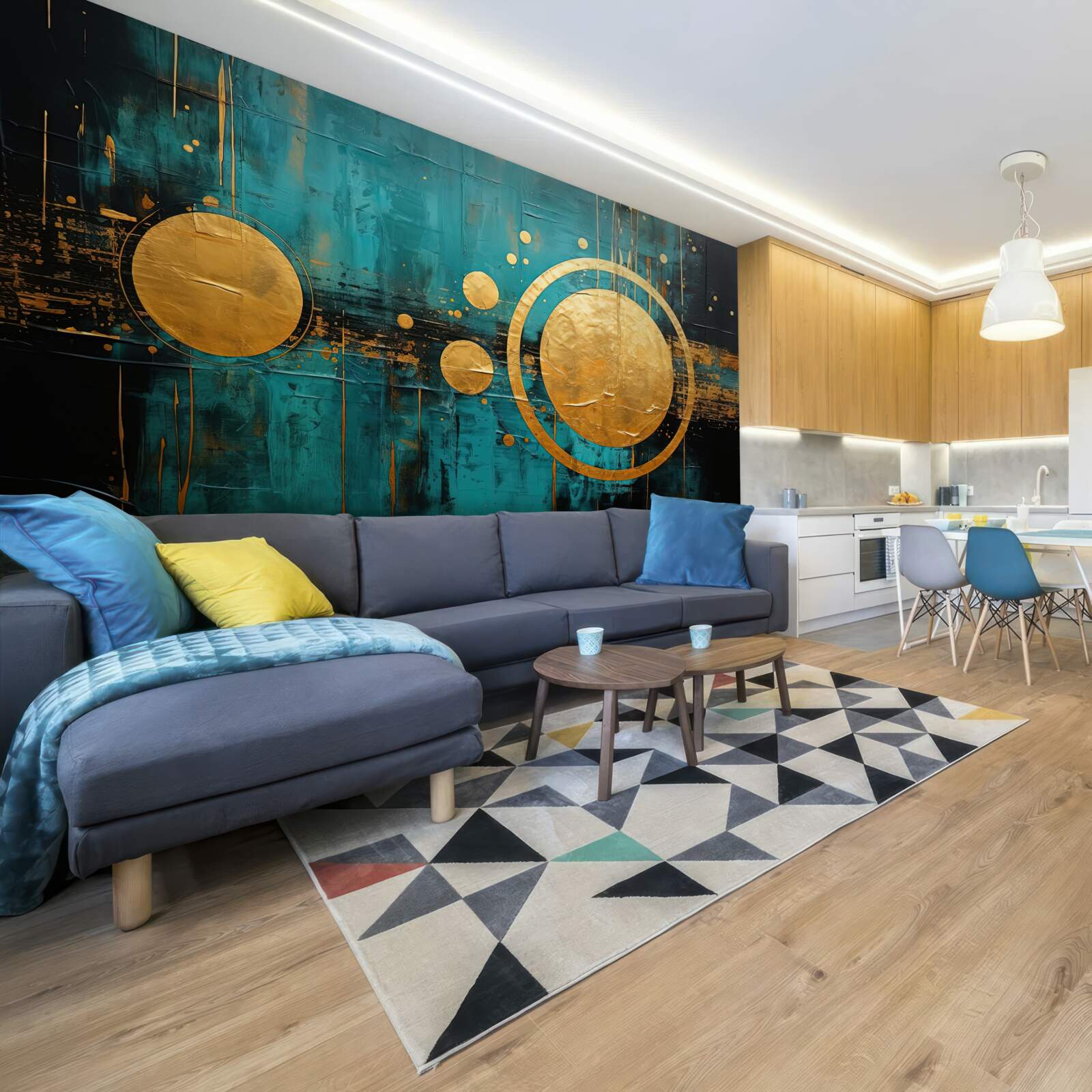 Fototapeta tyrkysové pozadie so zlatými kruhmi