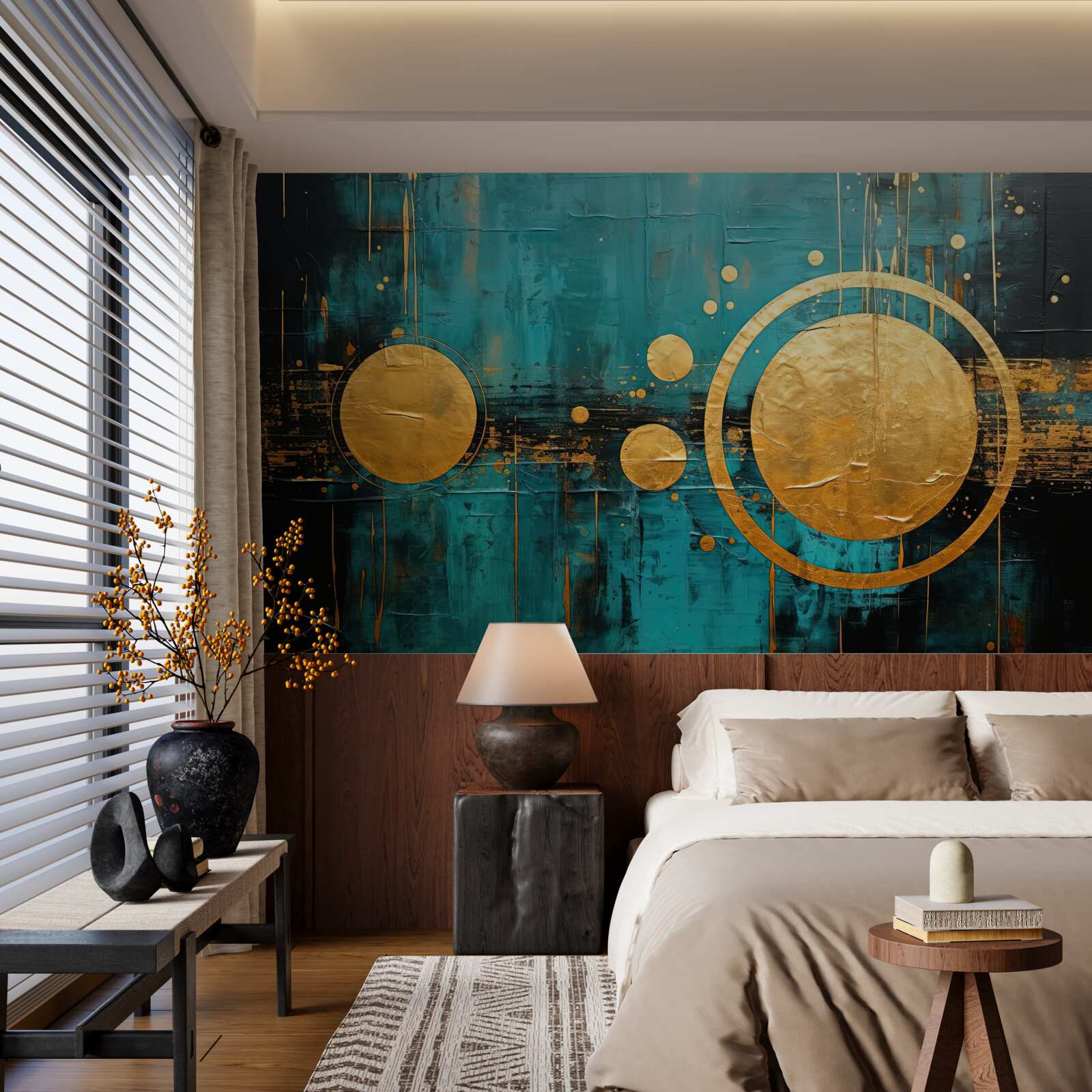 Fototapeta tyrkysové pozadie so zlatými kruhmi