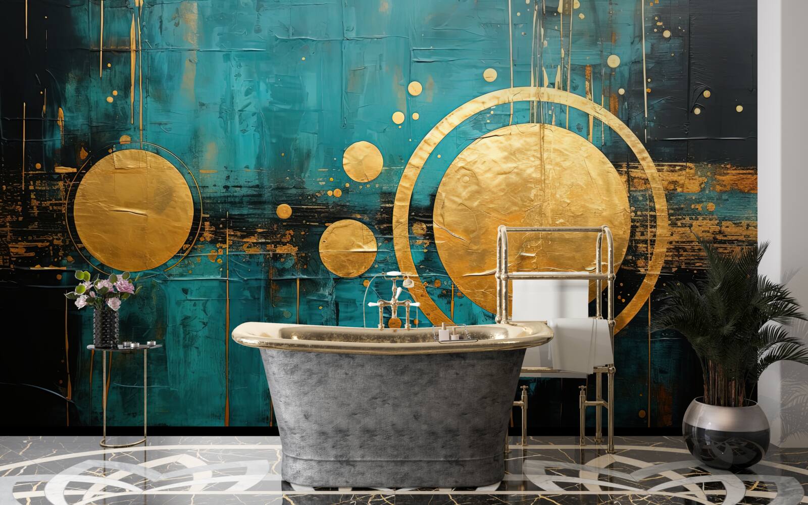 Fototapeta tyrkysové pozadie so zlatými kruhmi