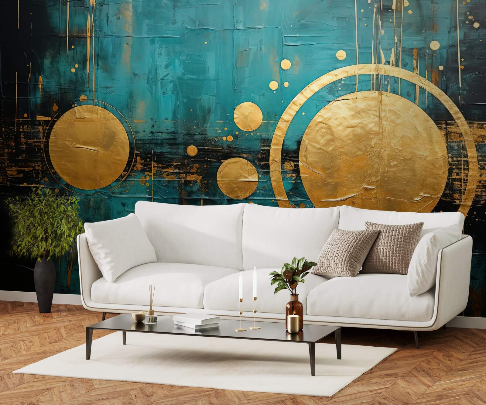 Fototapeta tyrkysové pozadie so zlatými kruhmi