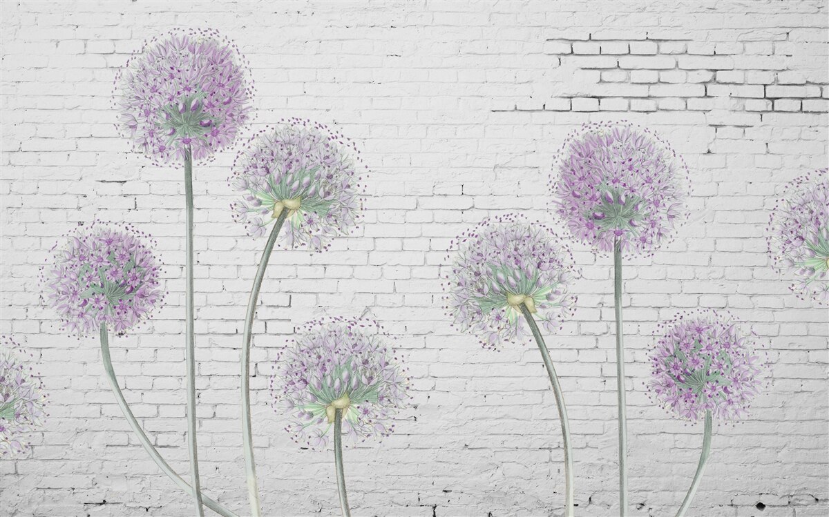 Fototapeta veľké kvety púpavy na tehlovej stene