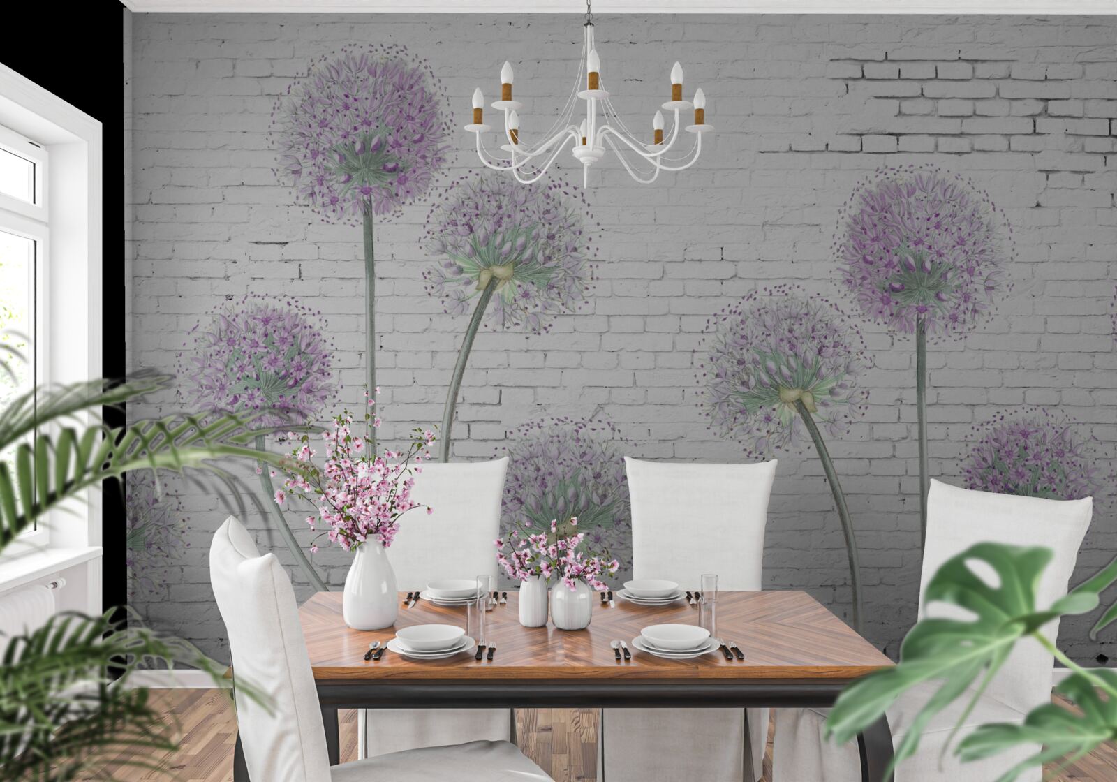 Fototapeta veľké kvety púpavy na tehlovej stene