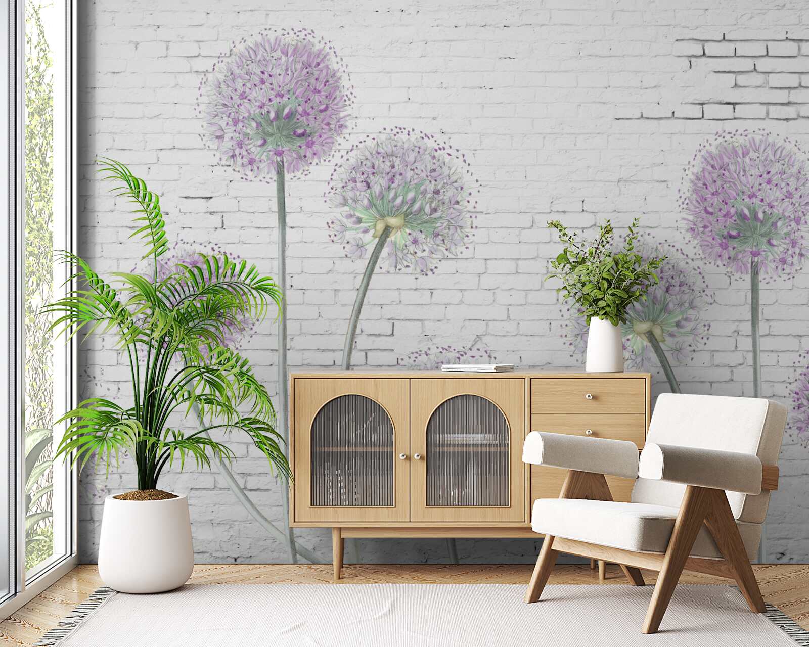 Fototapeta veľké kvety púpavy na tehlovej stene