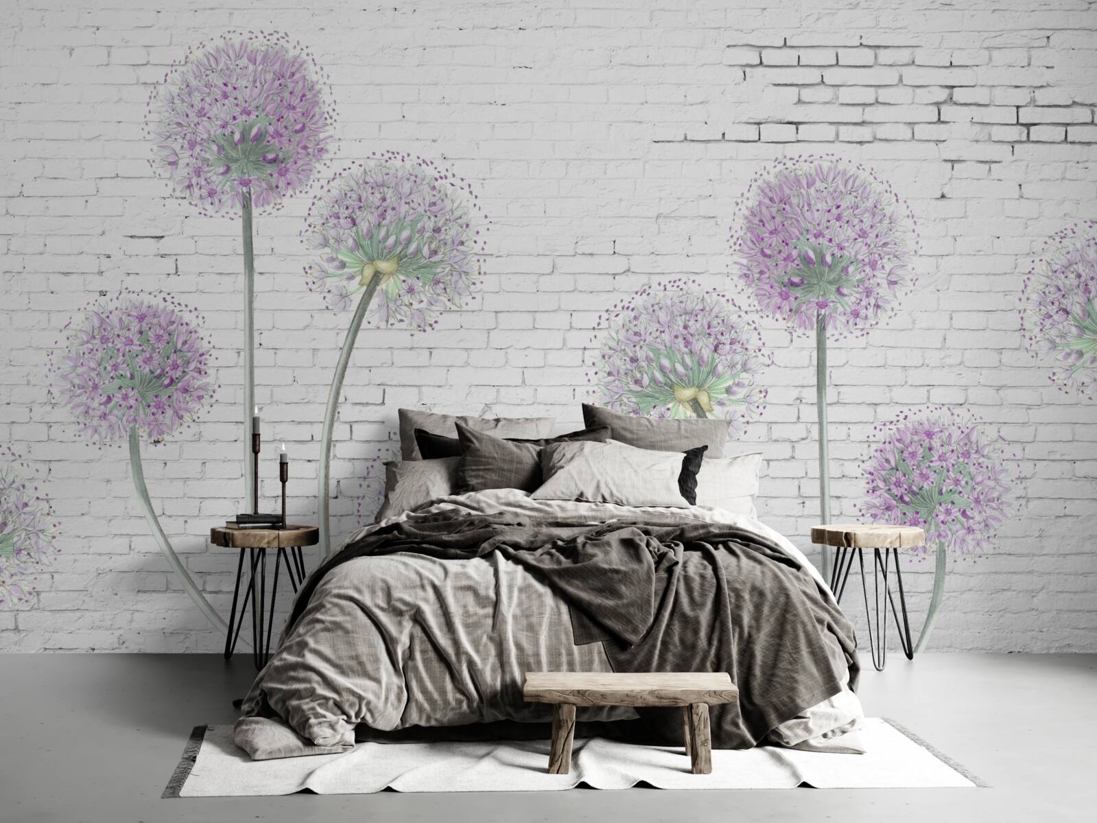 Fototapeta veľké kvety púpavy na tehlovej stene