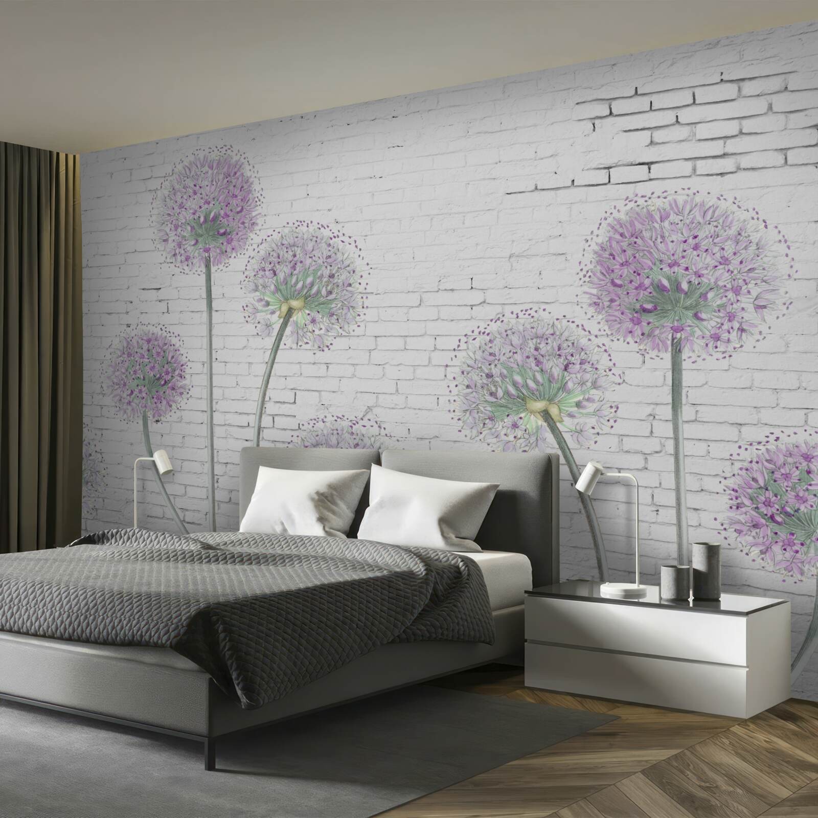 Fototapeta veľké kvety púpavy na tehlovej stene