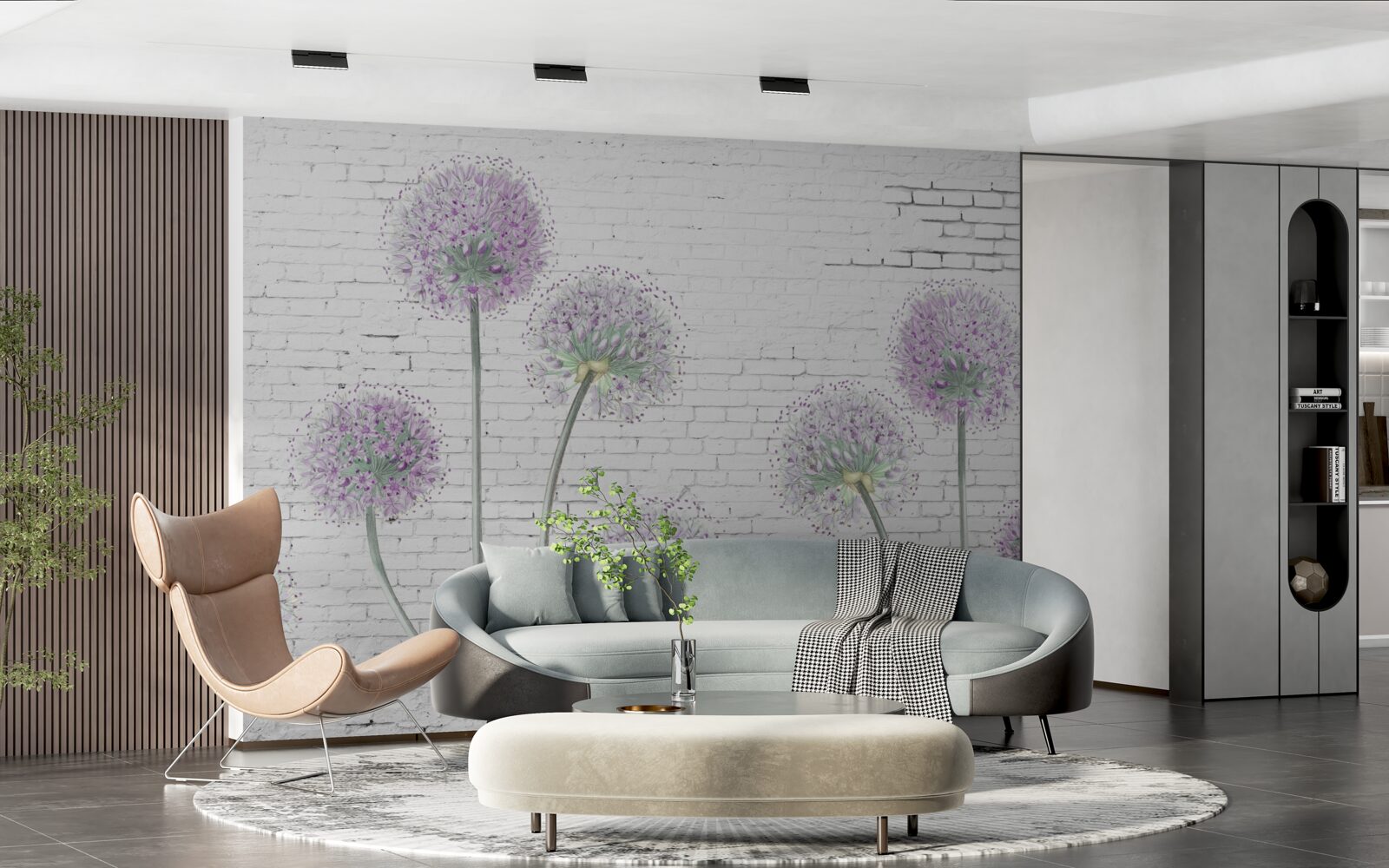 Fototapeta veľké kvety púpavy na tehlovej stene