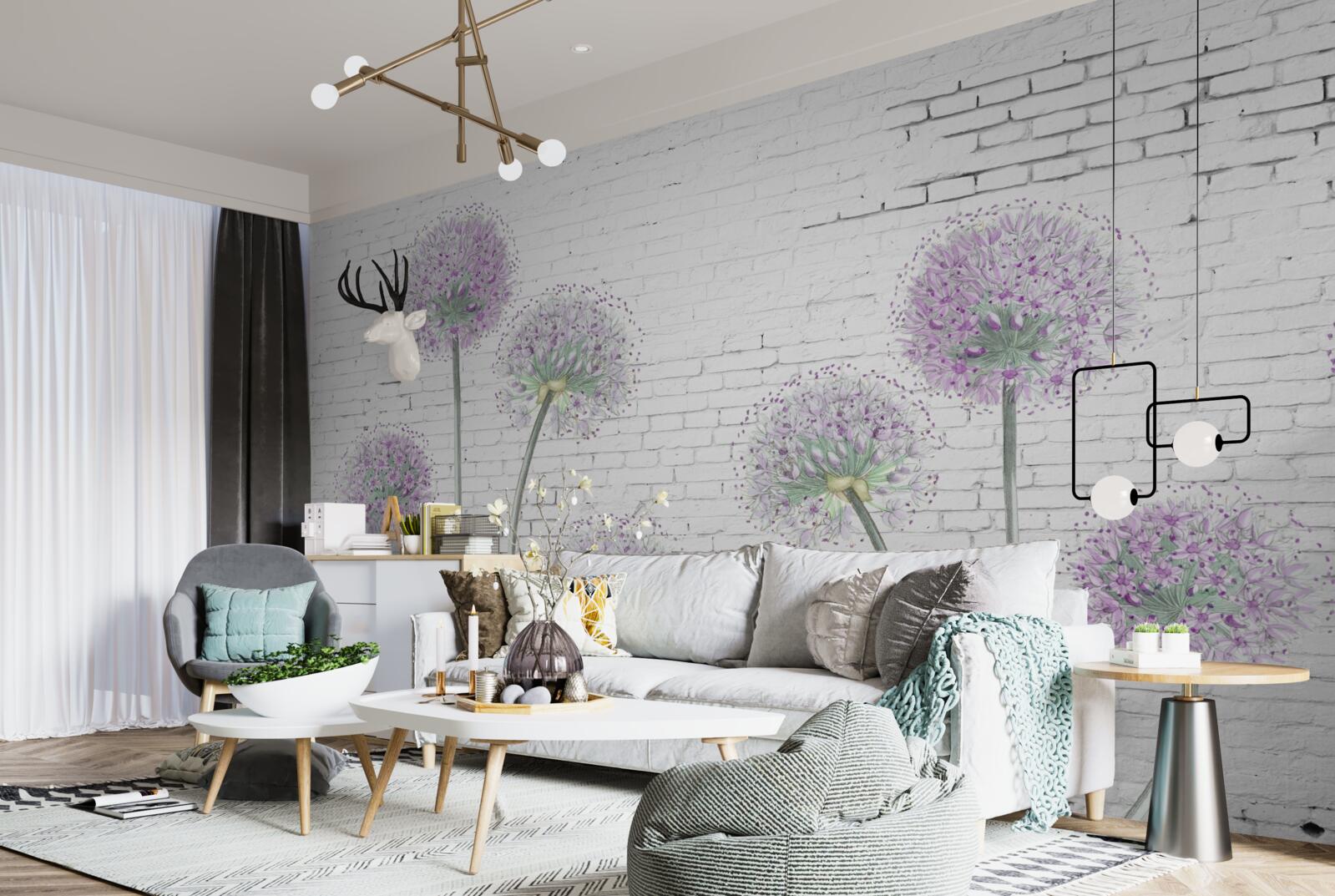 Fototapeta veľké kvety púpavy na tehlovej stene