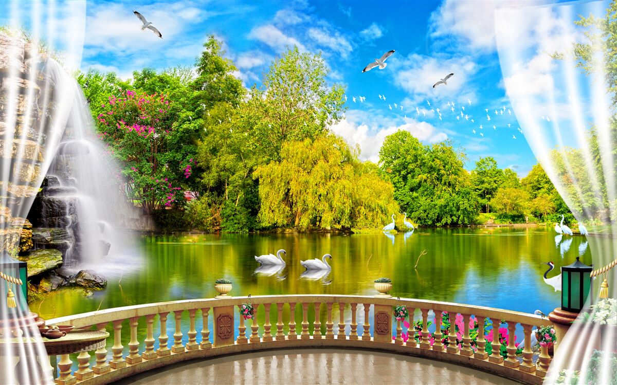 Fototapeta terasa s krásnym výhľadom na Labutie jazero