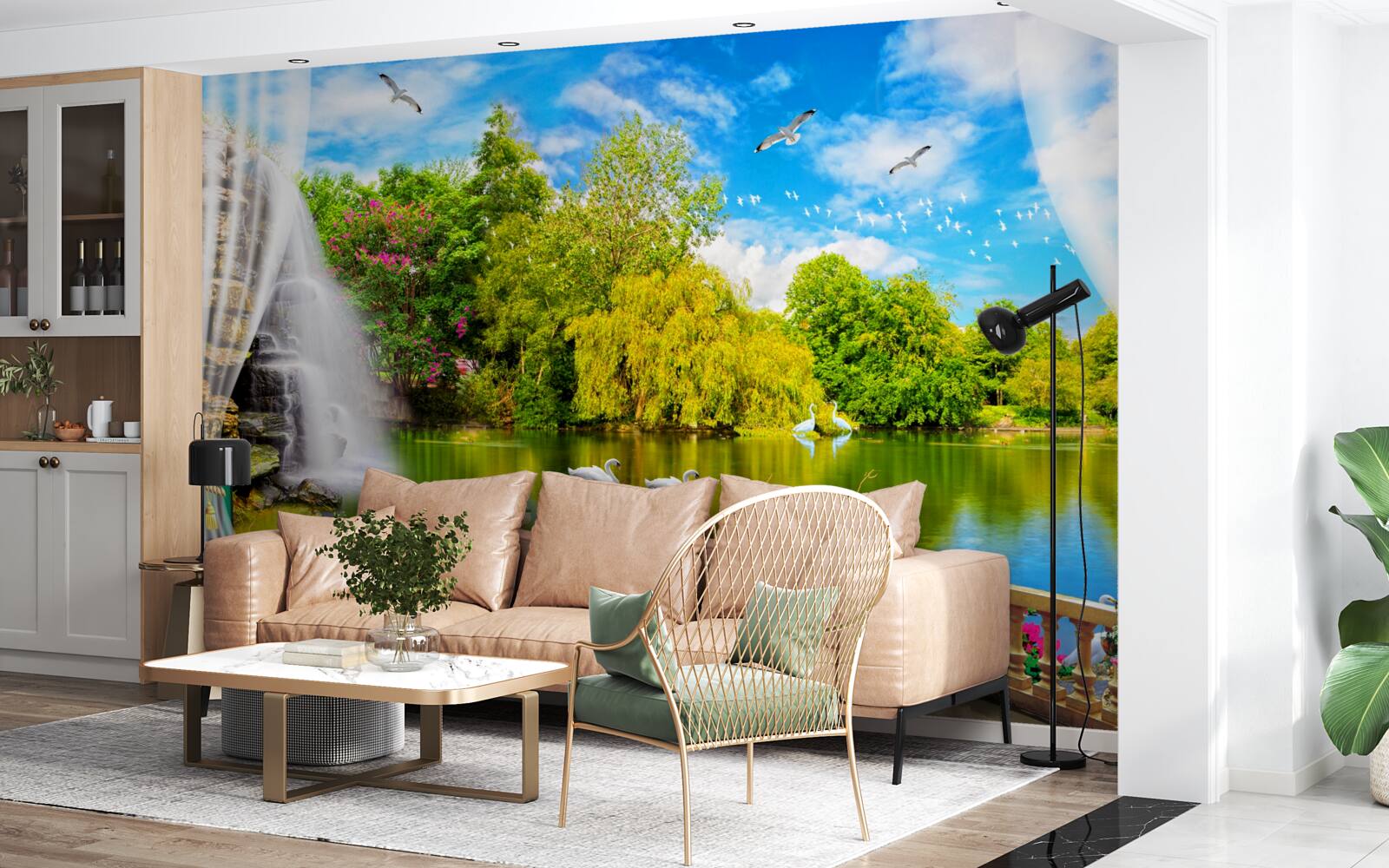 Fototapeta terasa s krásnym výhľadom na Labutie jazero