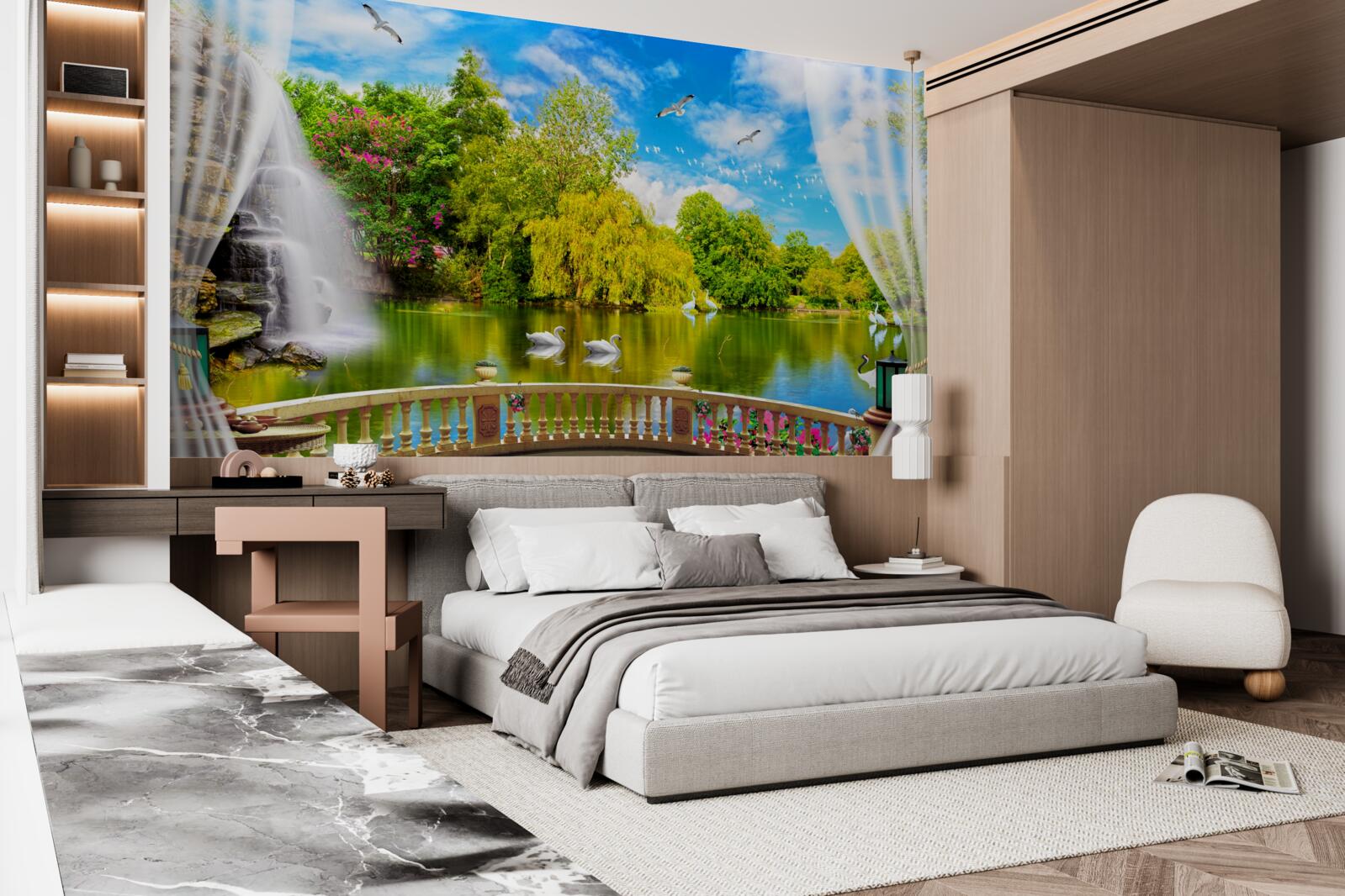 Fototapeta terasa s krásnym výhľadom na Labutie jazero