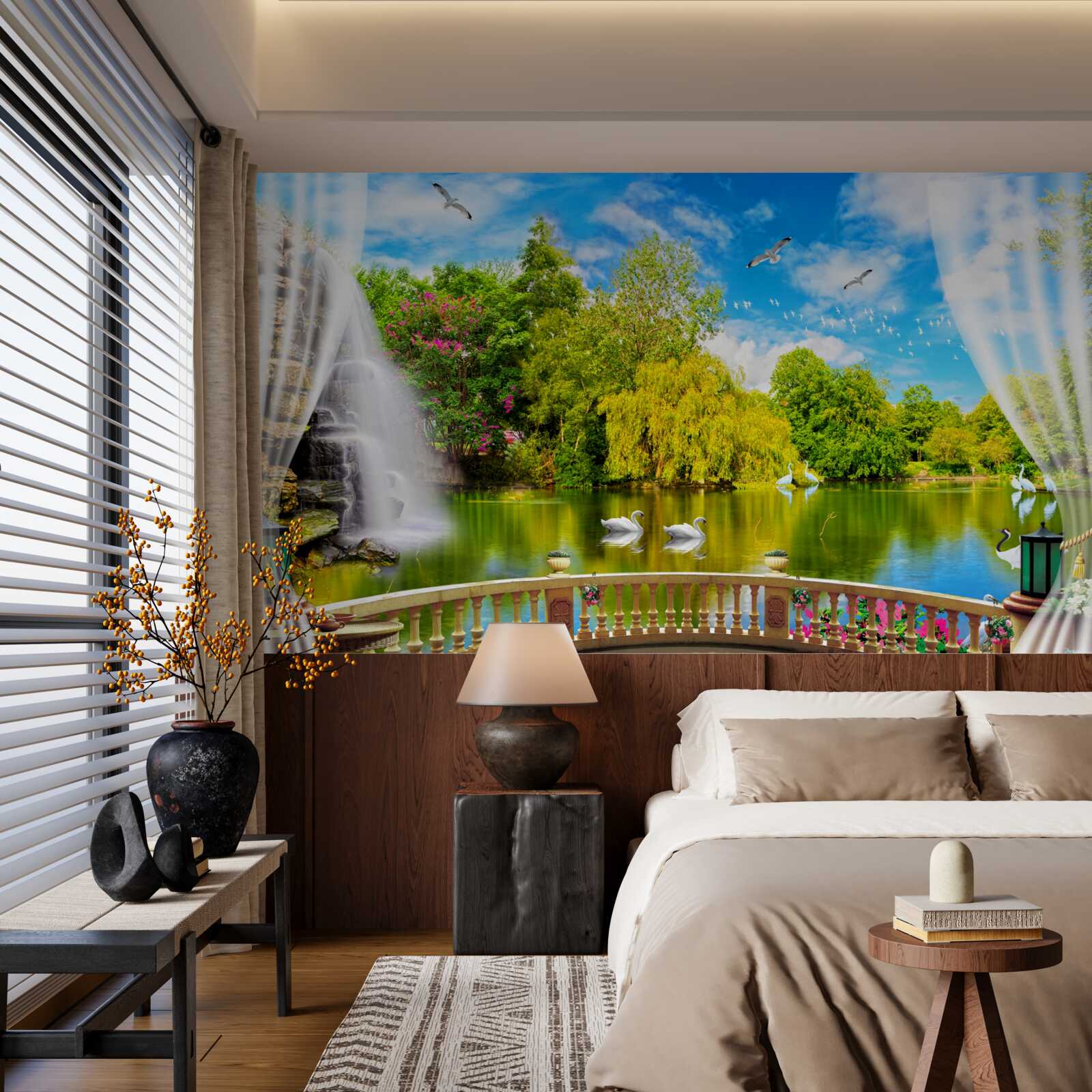 Fototapeta terasa s krásnym výhľadom na Labutie jazero