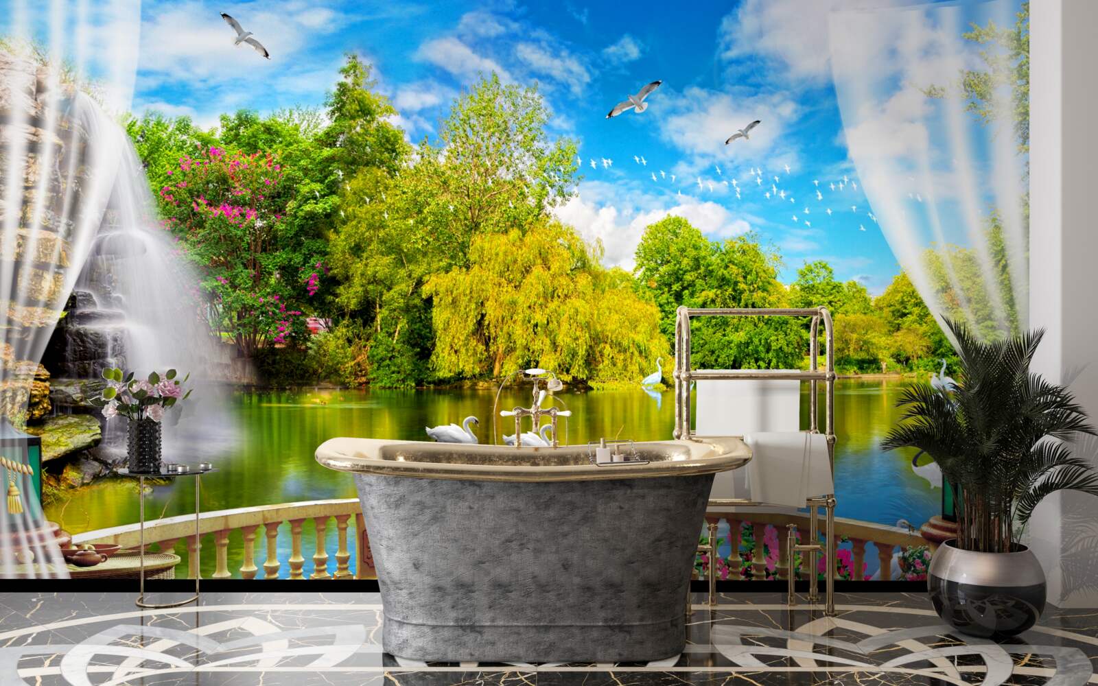 Fototapeta terasa s krásnym výhľadom na Labutie jazero