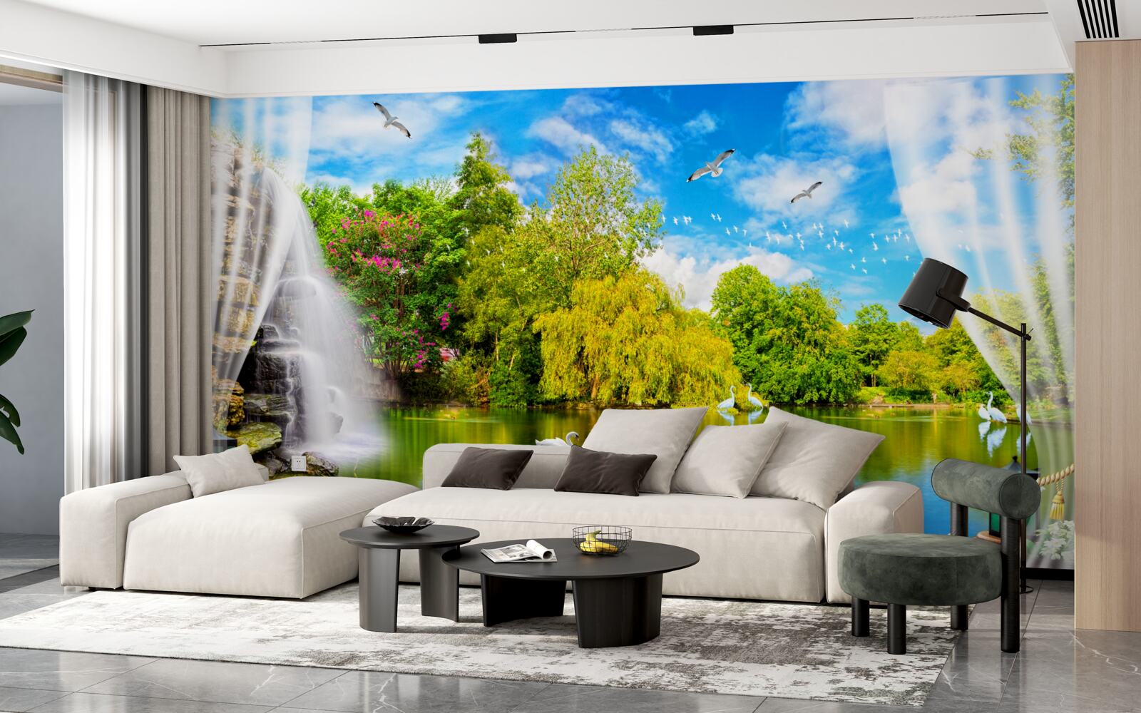 Fototapeta terasa s krásnym výhľadom na Labutie jazero