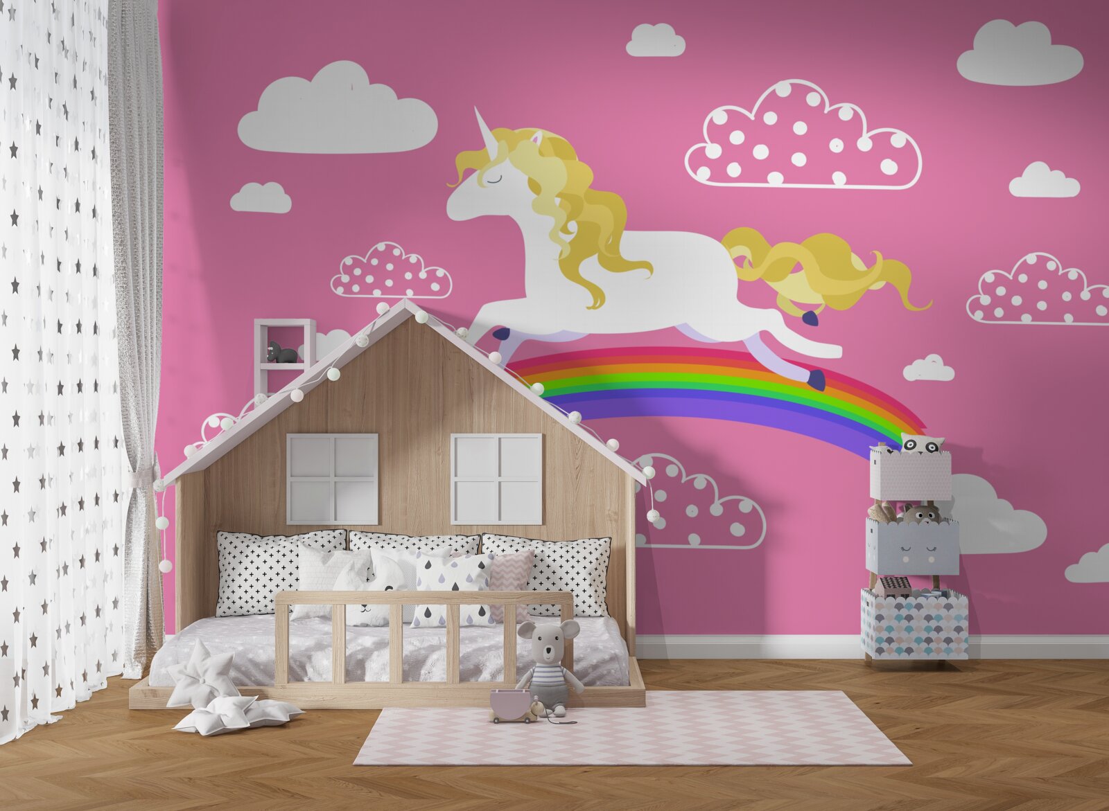 Fototapeta jednorožec uháňajúci pozdĺž dúhového oblúka