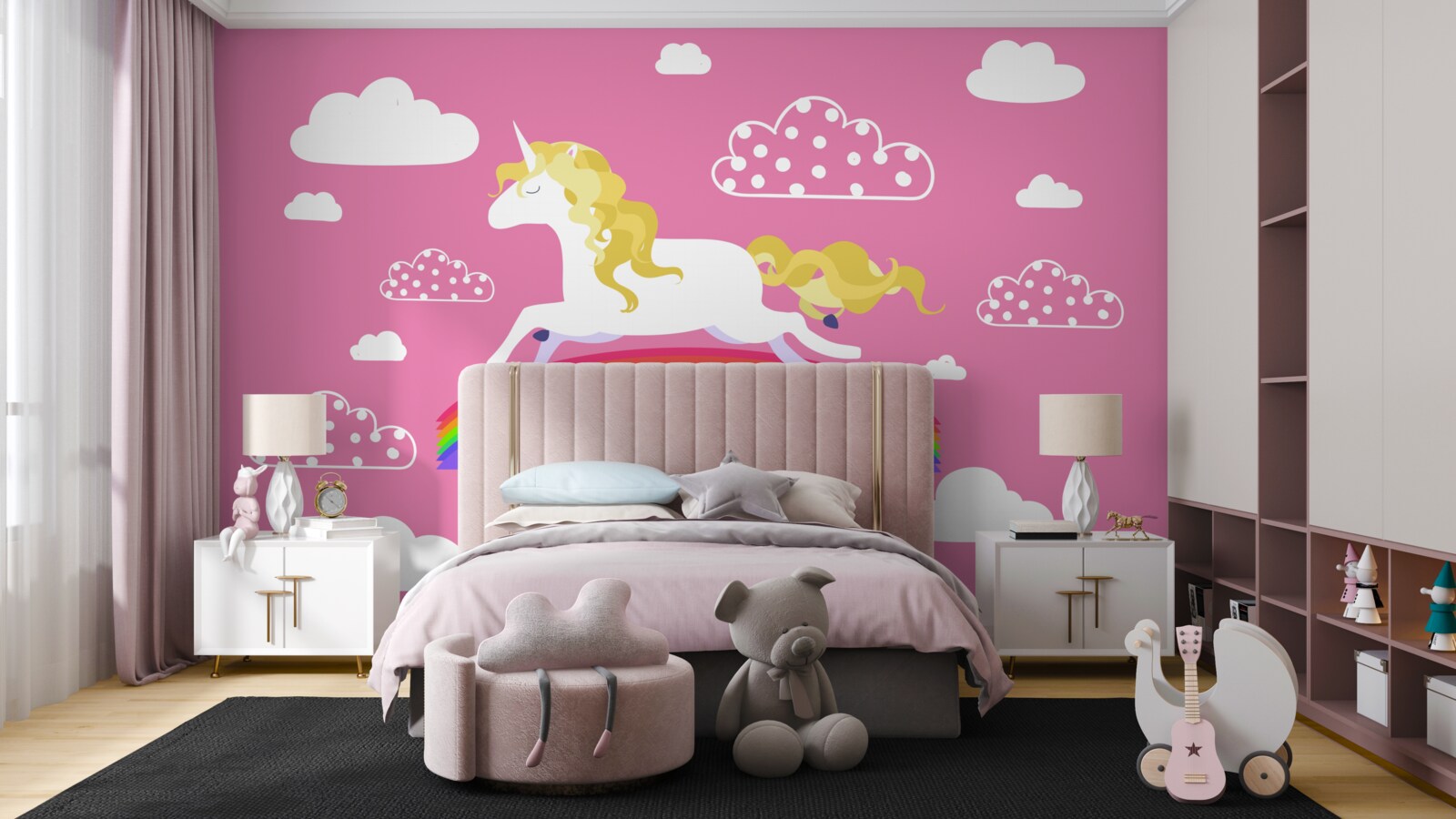 Fototapeta jednorožec uháňajúci pozdĺž dúhového oblúka