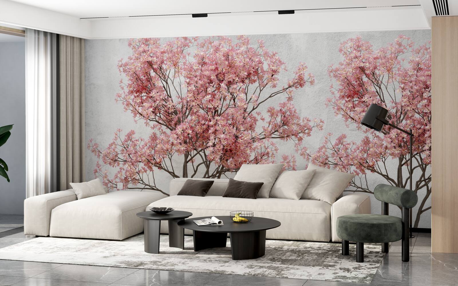 Fototapeta ranná hmla obklopuje ružové kvety sakury