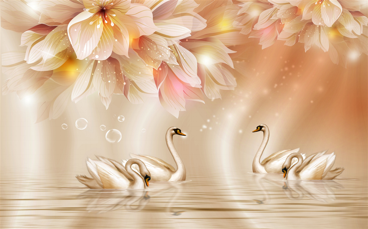Fototapeta kvety a skupina pôvabných labutí na vodnej hladine