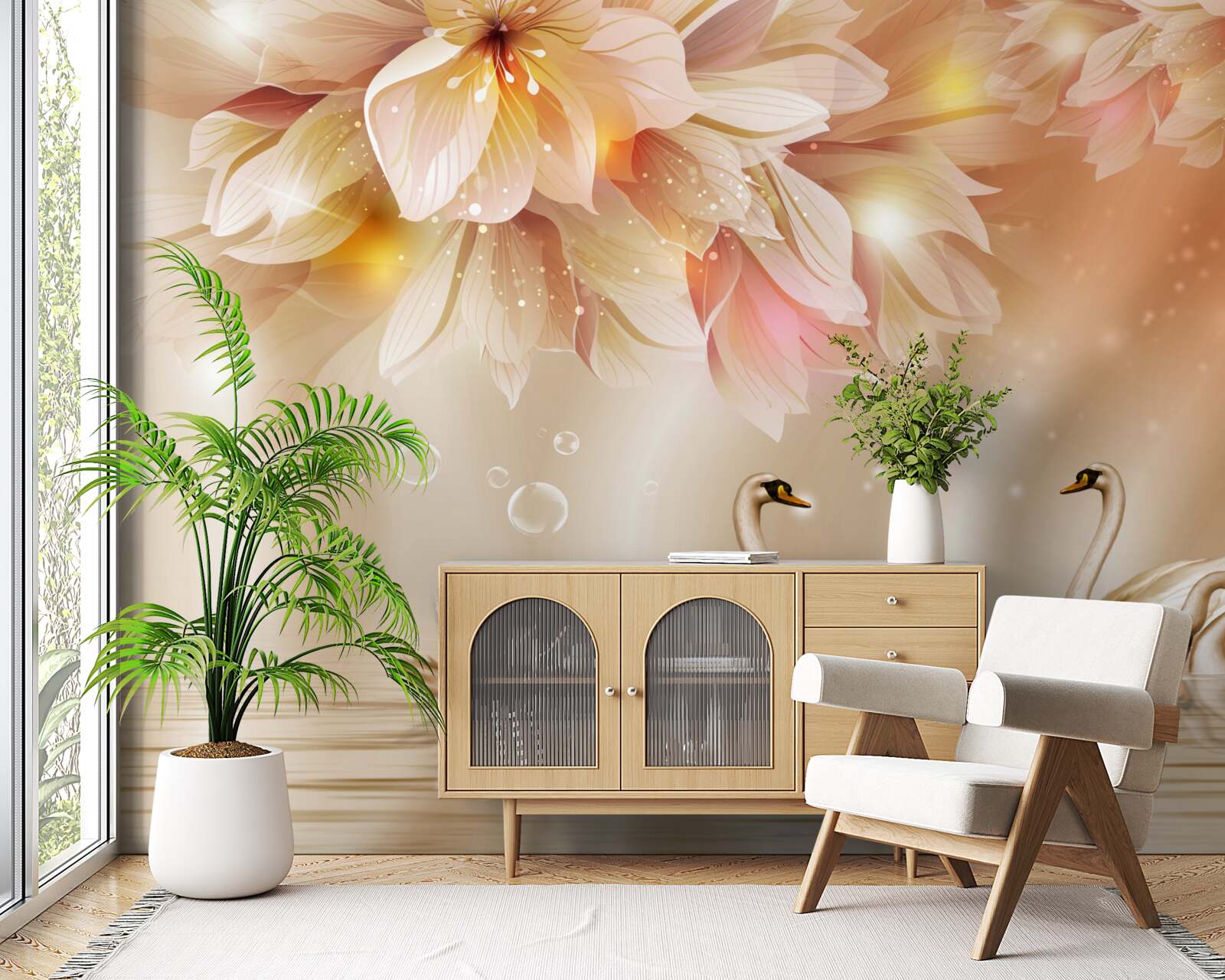 Fototapeta kvety a skupina pôvabných labutí na vodnej hladine