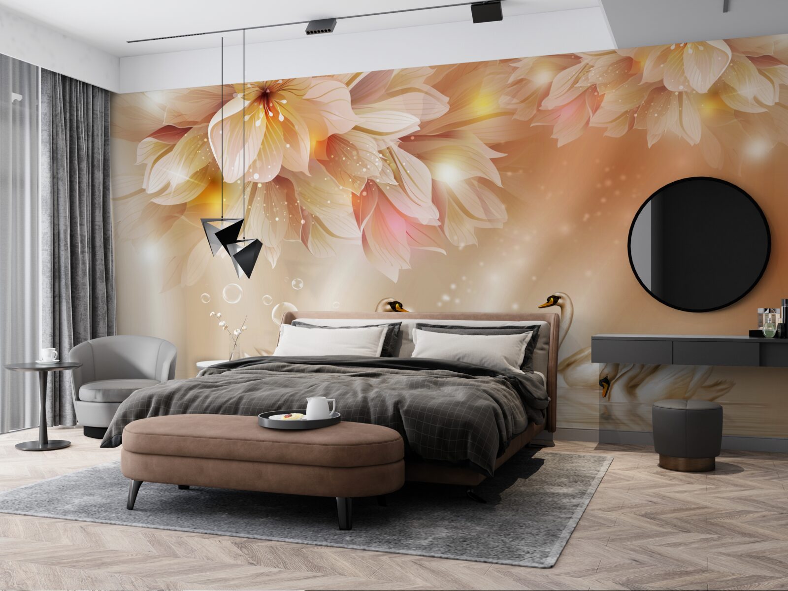 Fototapeta kvety a skupina pôvabných labutí na vodnej hladine